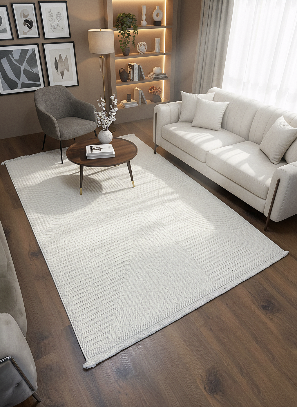 İCON T-LP04 KREM Modern Geometrik Desenli Salon Koridor Mutfak Halısı