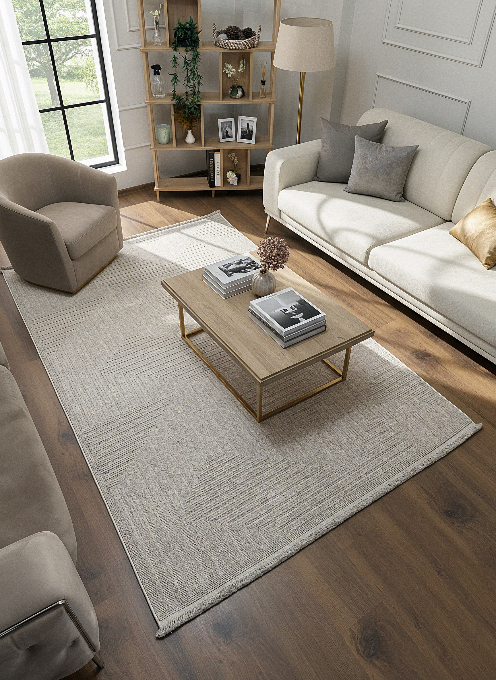 İCON T-LP06 BEJ Modern Geometrik Desenli Salon Koridor Mutfak Halısı