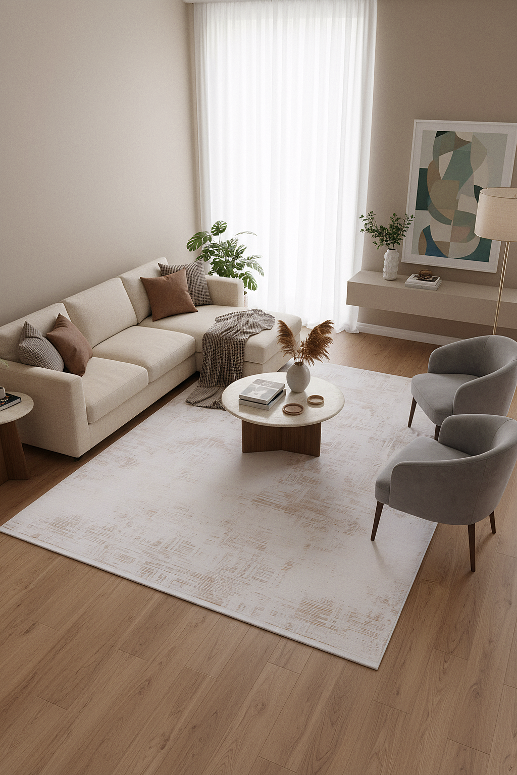 İCON T-RA08 KREM Modern Geometrik Desenli Salon Koridor Mutfak Halısı