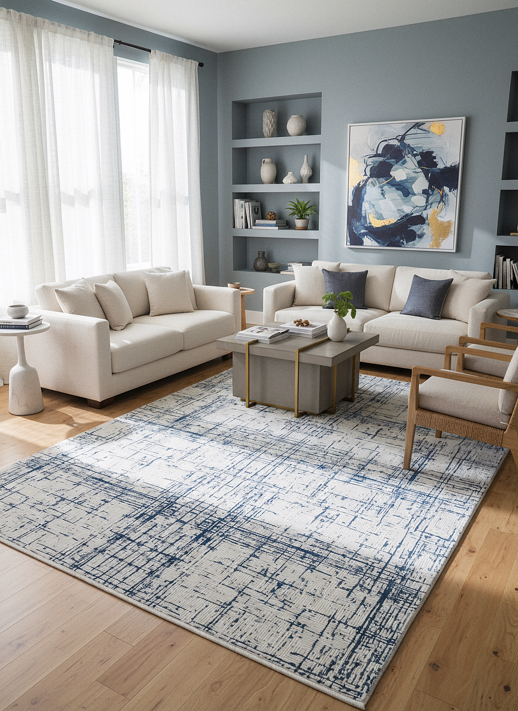 LOTUS 51T-KREM/MAVİ Sentetik Bambu Parlak Saten Salon Koridor Mutfak Halısı