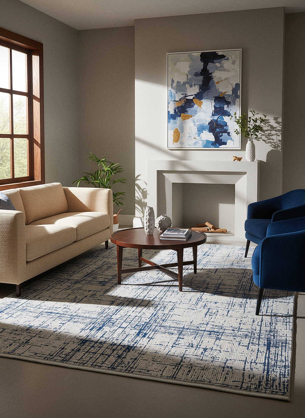 LOTUS 51T-KREM/MAVİ Sentetik Bambu Parlak Saten Salon Koridor Mutfak Halısı