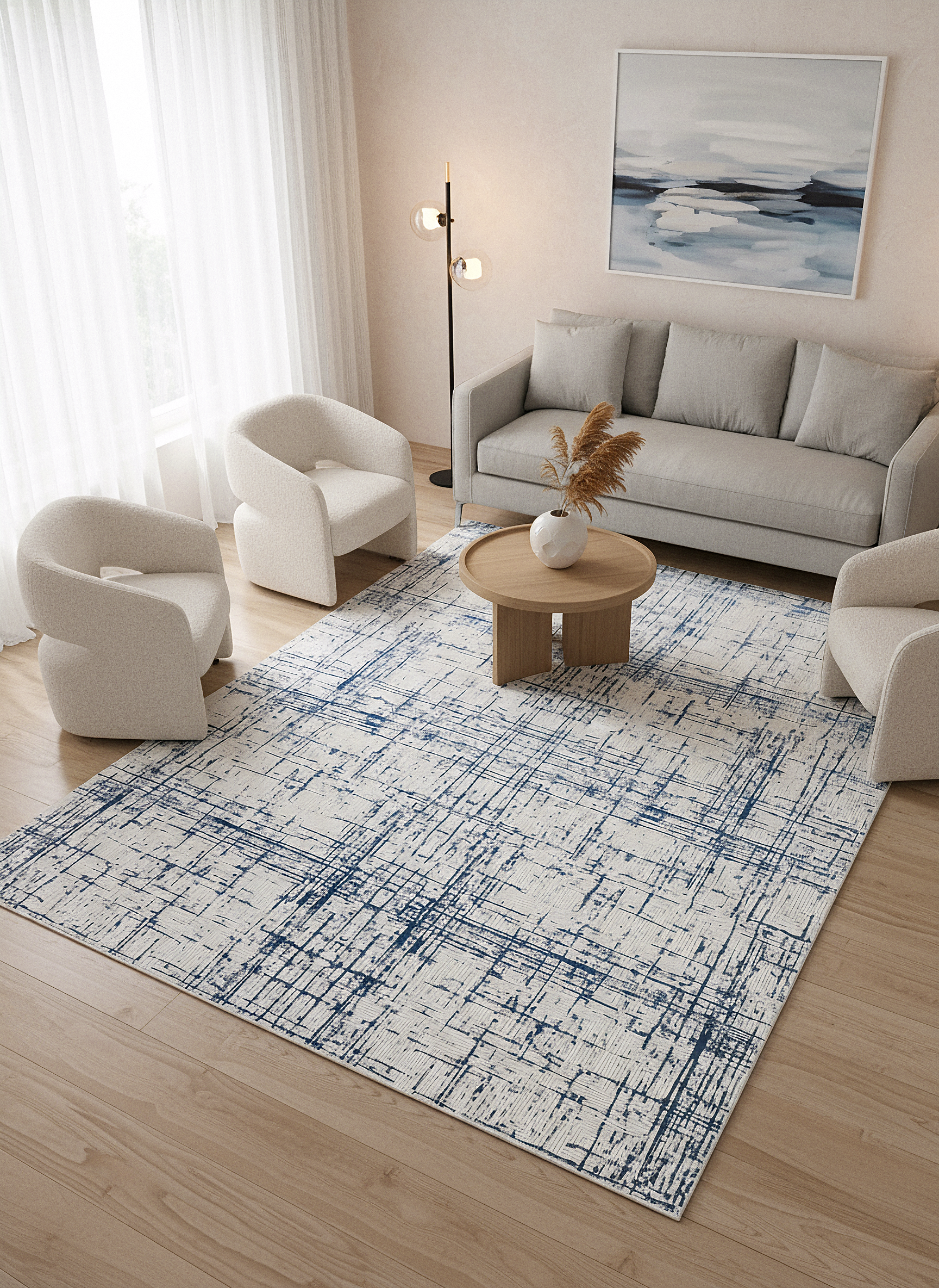 LOTUS 51T-KREM/MAVİ Sentetik Bambu Parlak Saten Salon Koridor Mutfak Halısı