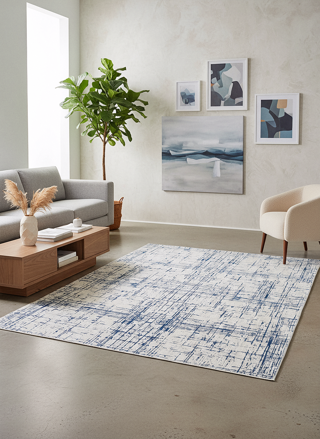 LOTUS 51T-KREM/MAVİ Sentetik Bambu Parlak Saten Salon Koridor Mutfak Halısı