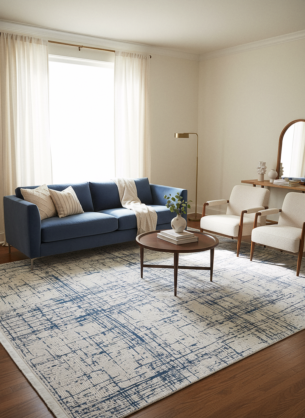 LOTUS 51T-KREM/MAVİ Sentetik Bambu Parlak Saten Salon Koridor Mutfak Halısı