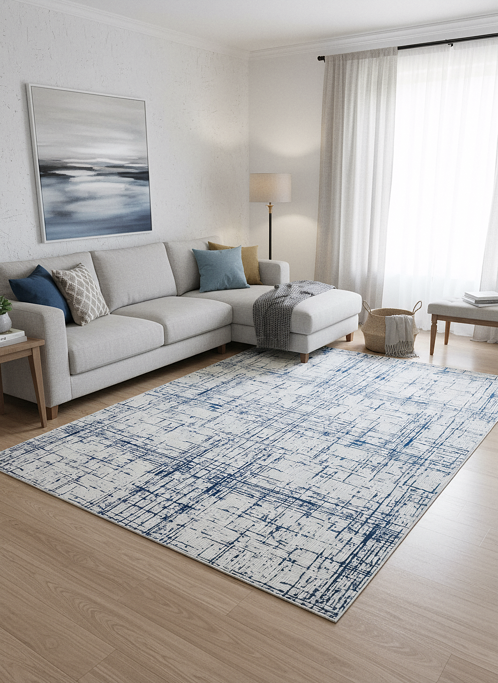 LOTUS 51T-KREM/MAVİ Sentetik Bambu Parlak Saten Salon Koridor Mutfak Halısı