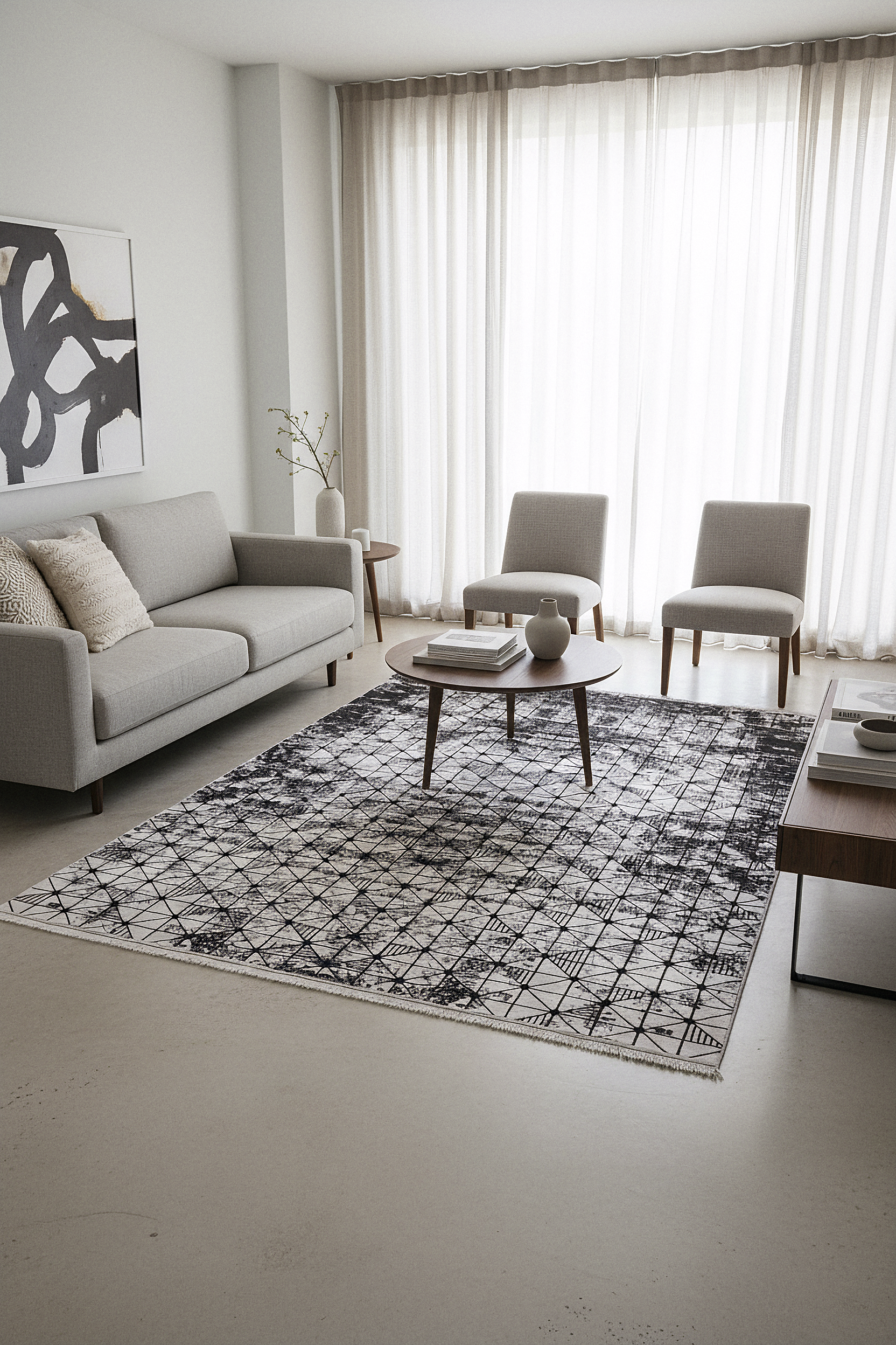 LOTUS 8019-T-GRİ/SİYAH Sentetik Bambu Parlak Saten Salon Koridor Mutfak Halısı