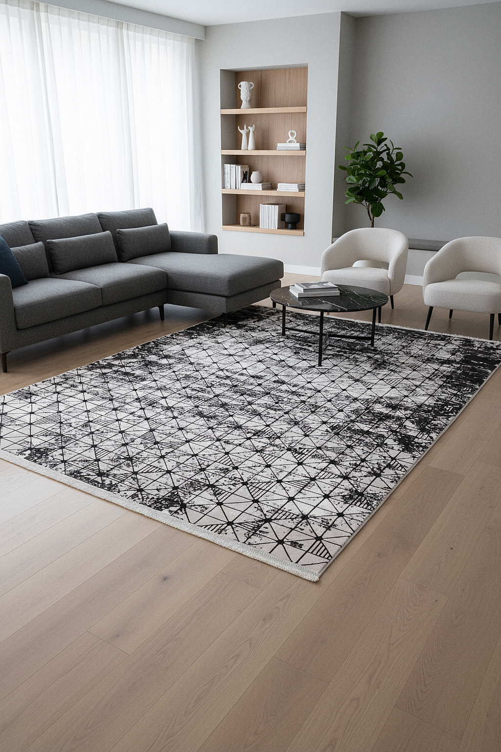 LOTUS 8019-T-GRİ/SİYAH Sentetik Bambu Parlak Saten Salon Koridor Mutfak Halısı