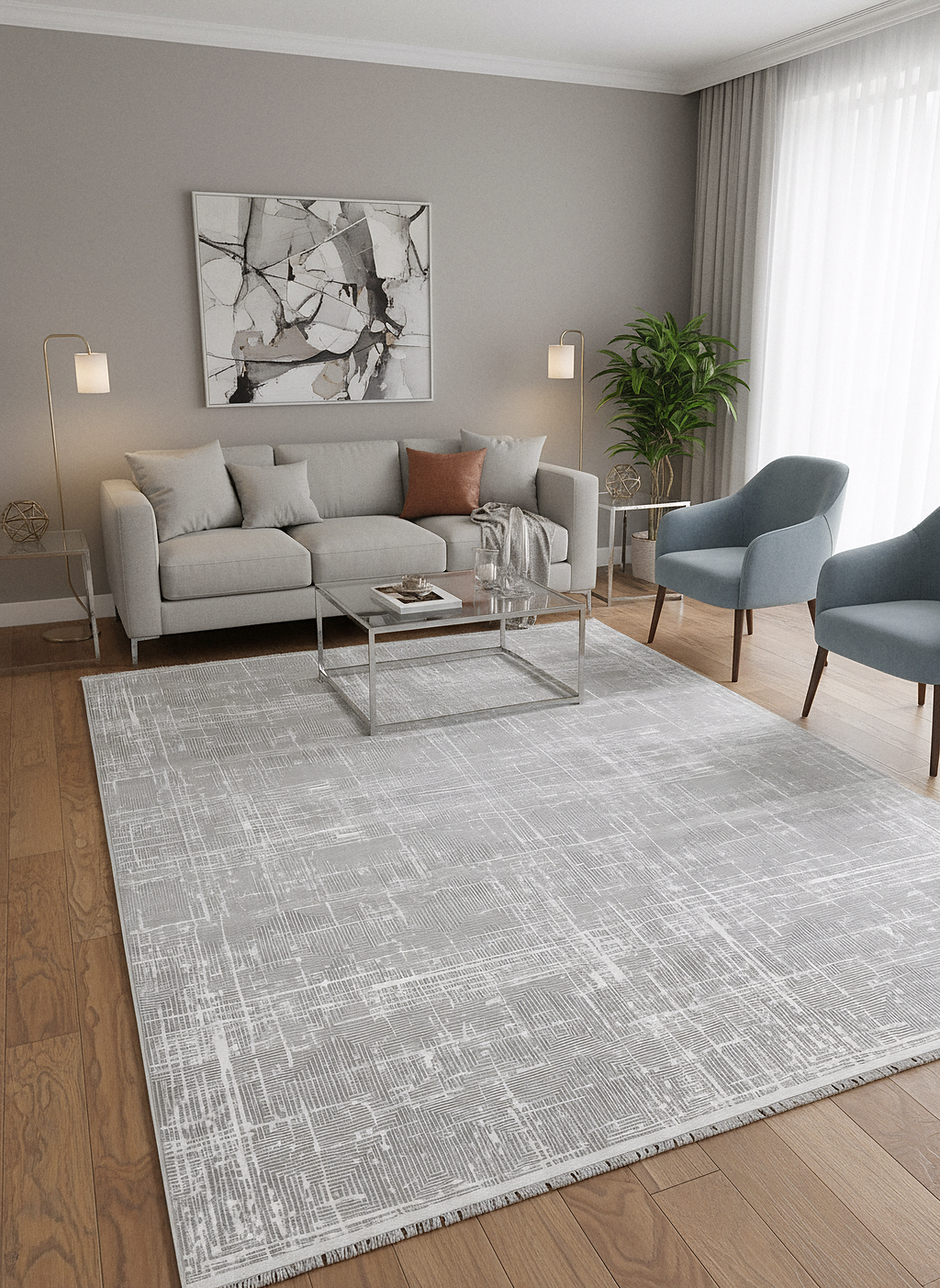 LOTUS 52T-VİZON/GÜMÜŞ Sentetik Bambu Parlak Saten Salon Koridor Mutfak Halısı