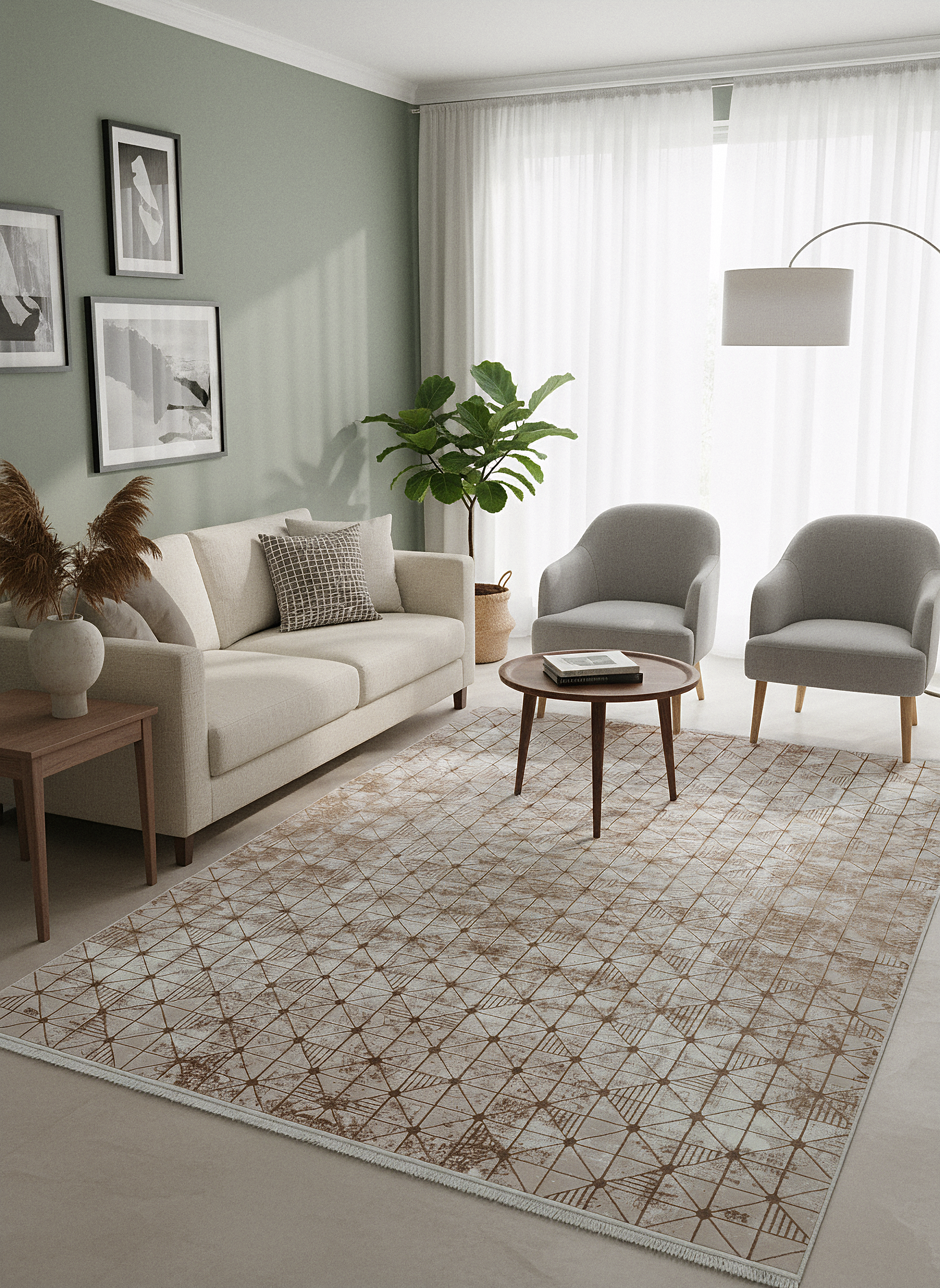 LOTUS 53T-KAHVE/KREM Sentetik Bambu Parlak Saten Salon Koridor Mutfak Halısı