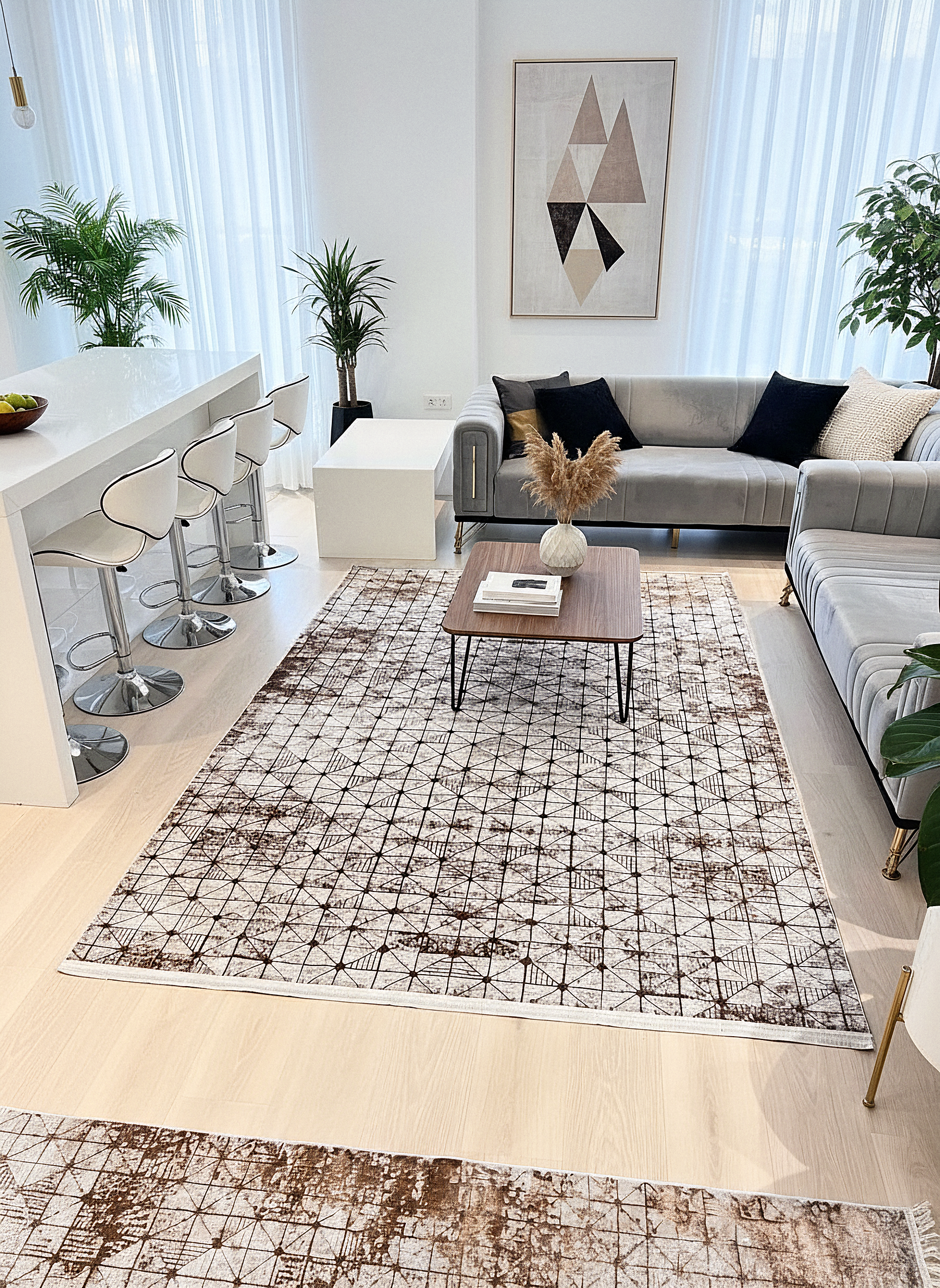 LOTUS 53T-KAHVE/KREM Sentetik Bambu Parlak Saten Salon Koridor Mutfak Halısı