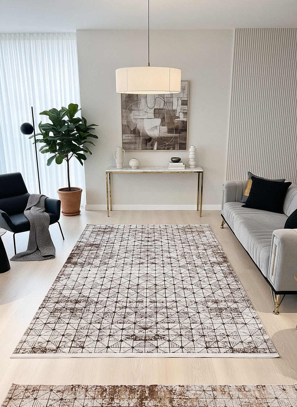 LOTUS 53T-KAHVE/KREM Sentetik Bambu Parlak Saten Salon Koridor Mutfak Halısı