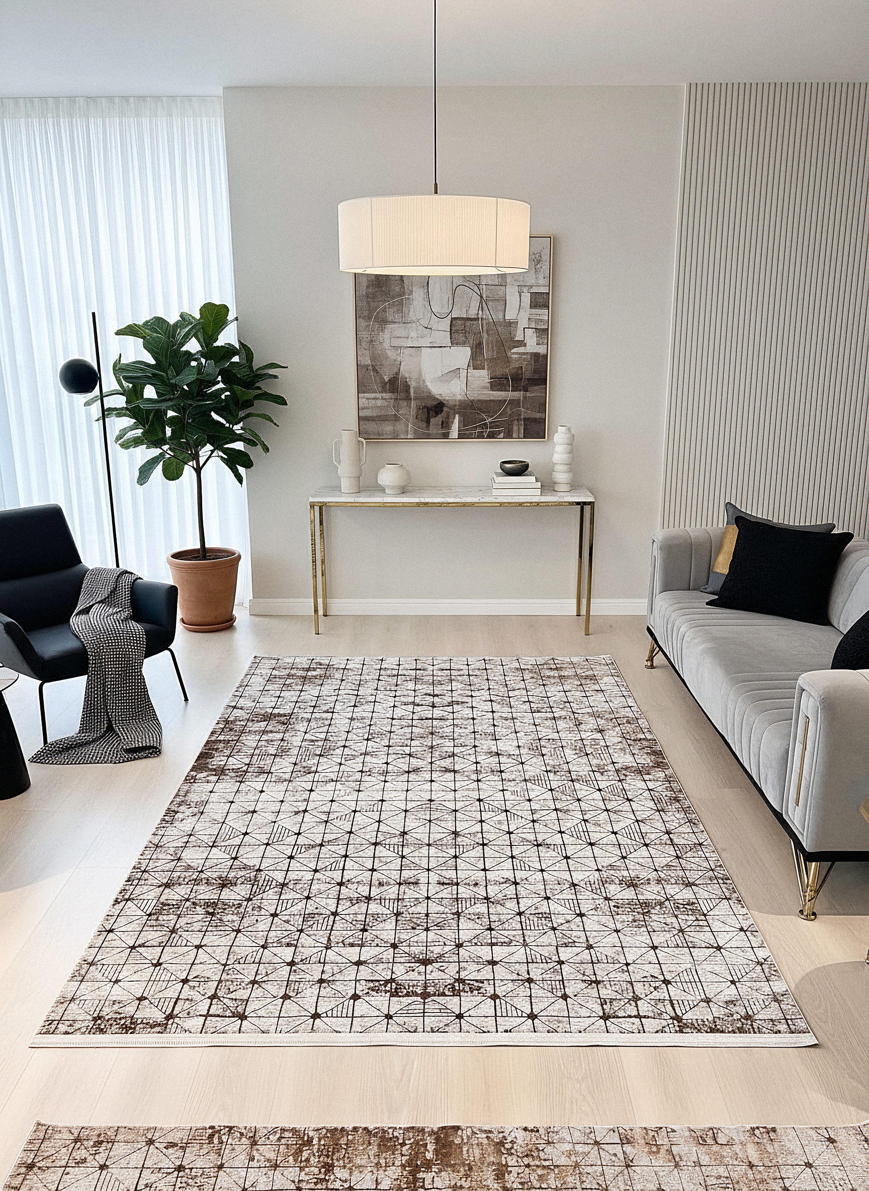 LOTUS 53T-KAHVE/KREM Sentetik Bambu Parlak Saten Salon Koridor Mutfak Halısı