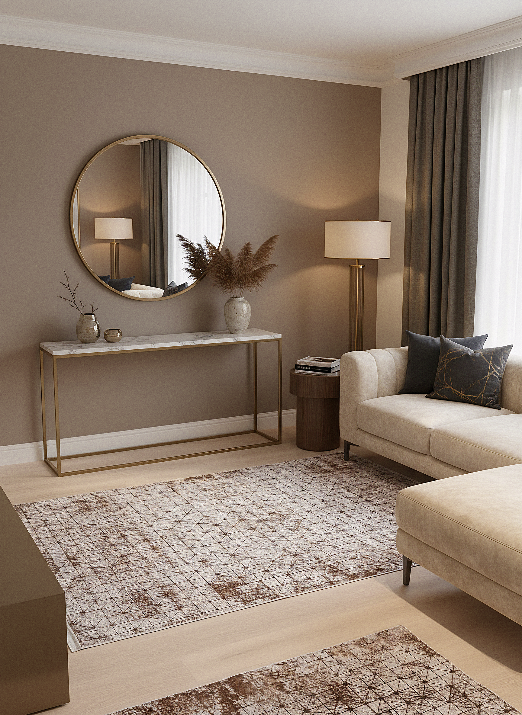 LOTUS 53T-KAHVE/KREM Sentetik Bambu Parlak Saten Salon Koridor Mutfak Halısı