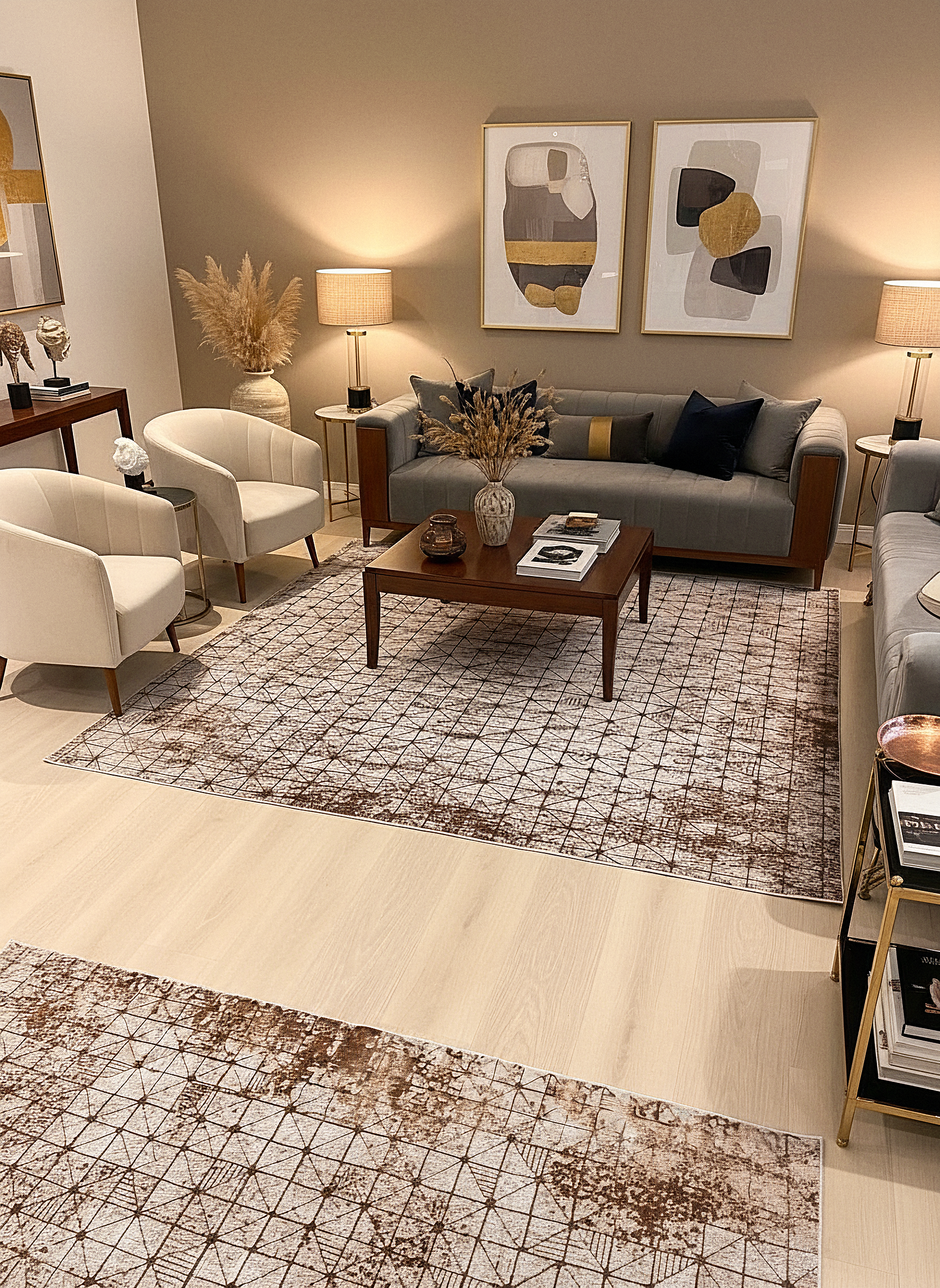 LOTUS 53T-KAHVE/KREM Sentetik Bambu Parlak Saten Salon Koridor Mutfak Halısı