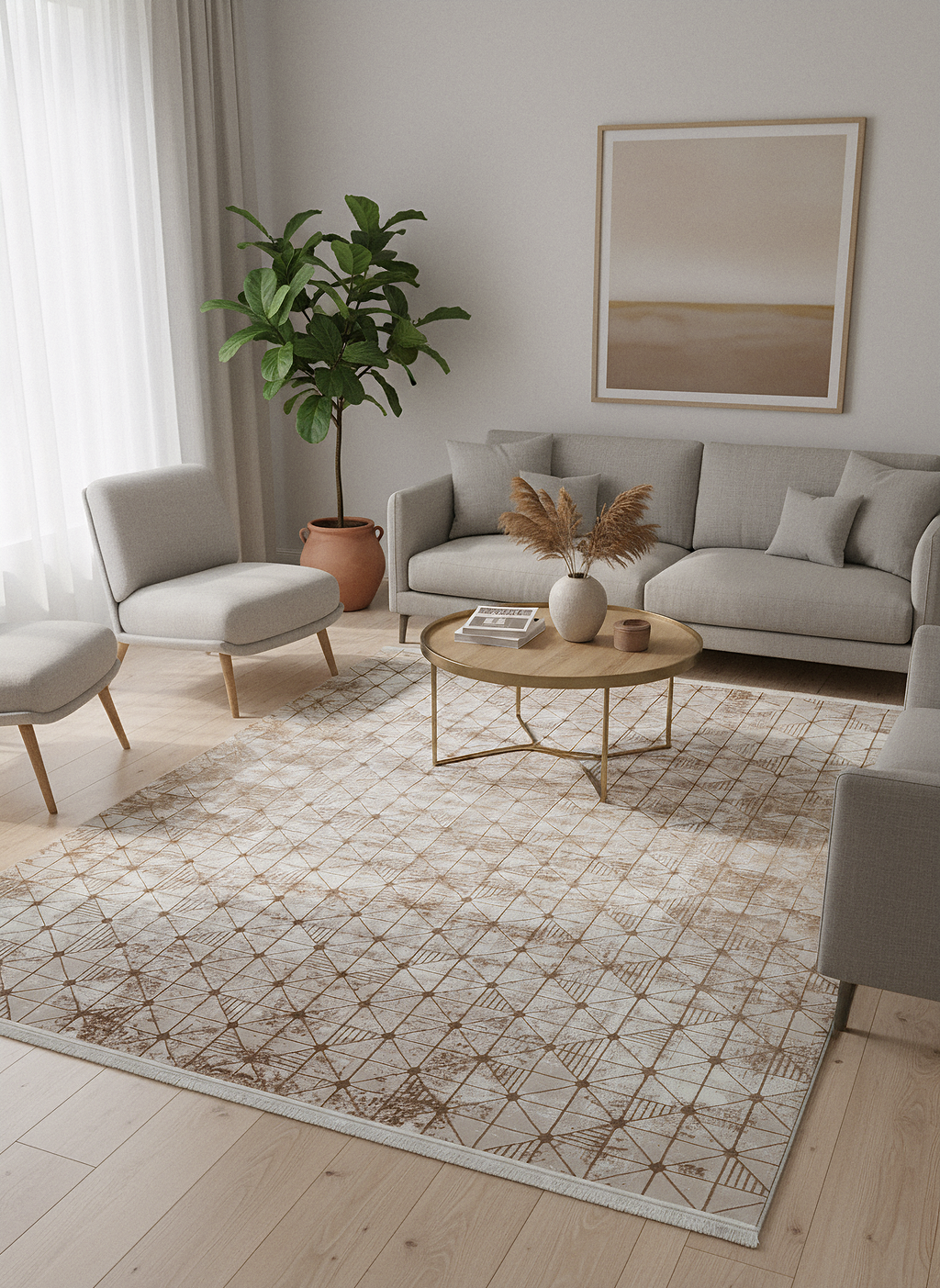 LOTUS 53T-KAHVE/KREM Sentetik Bambu Parlak Saten Salon Koridor Mutfak Halısı