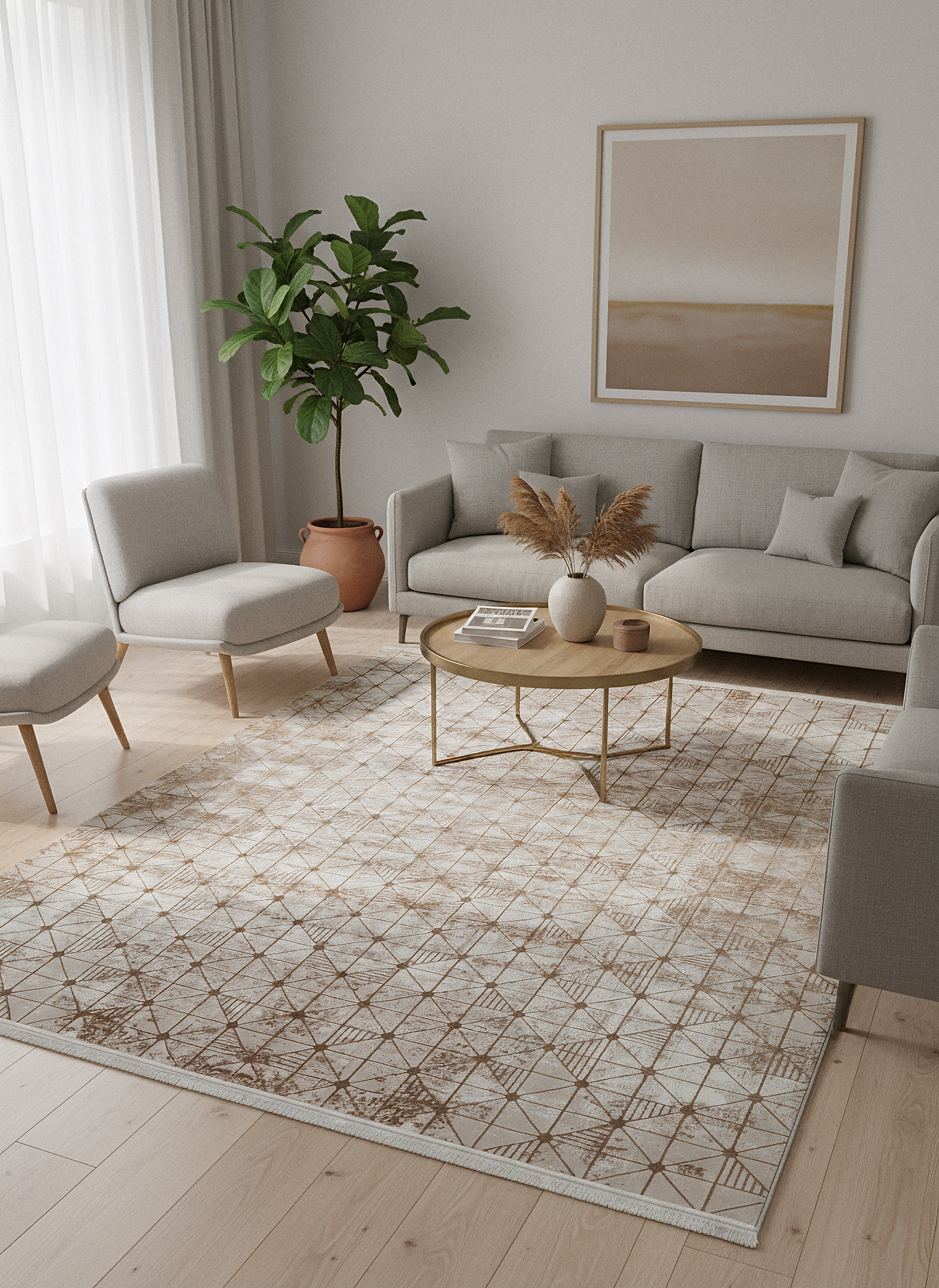 LOTUS 53T-KAHVE/KREM Sentetik Bambu Parlak Saten Salon Koridor Mutfak Halısı