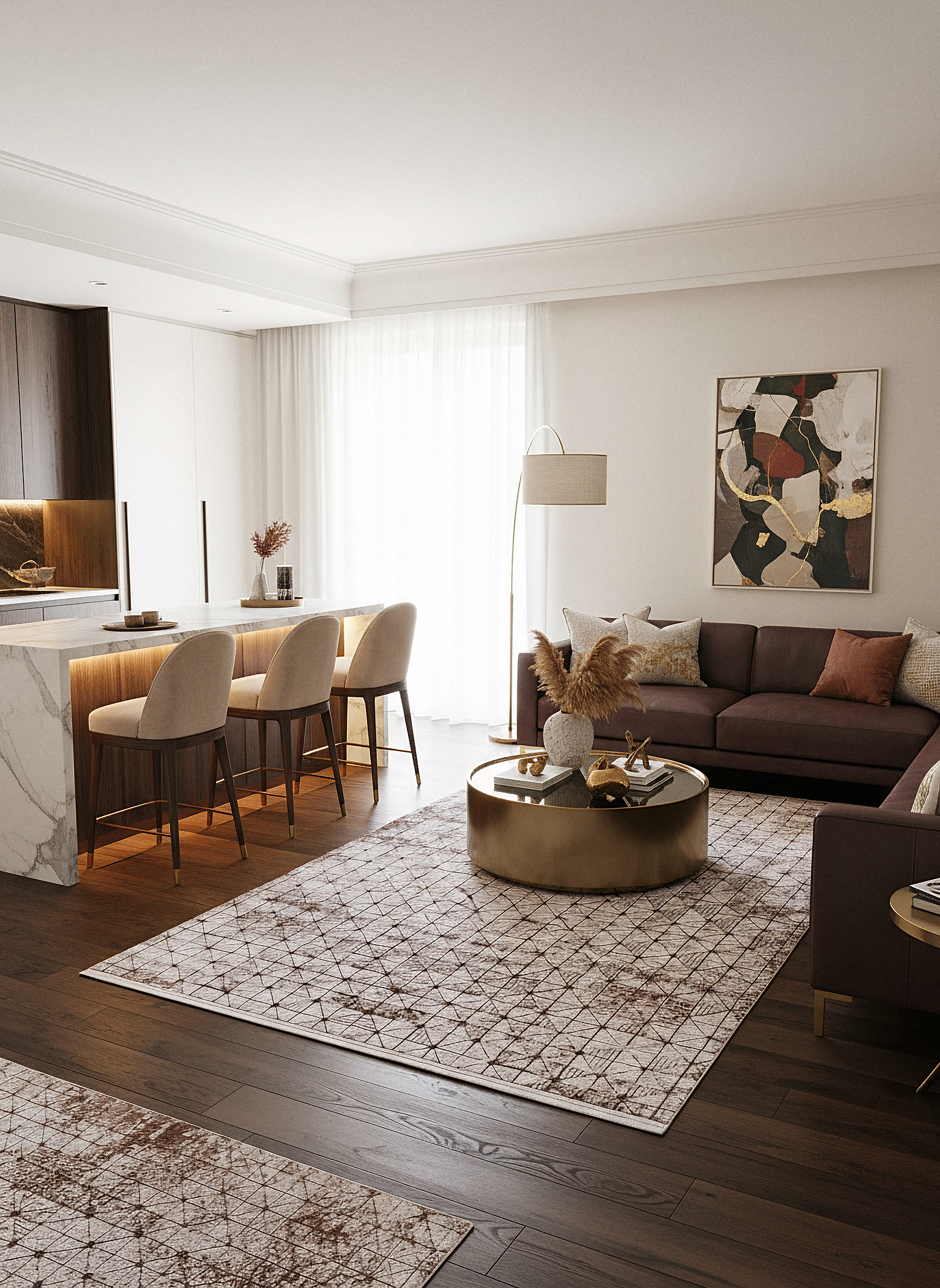 LOTUS 53T-KAHVE/KREM Sentetik Bambu Parlak Saten Salon Koridor Mutfak Halısı