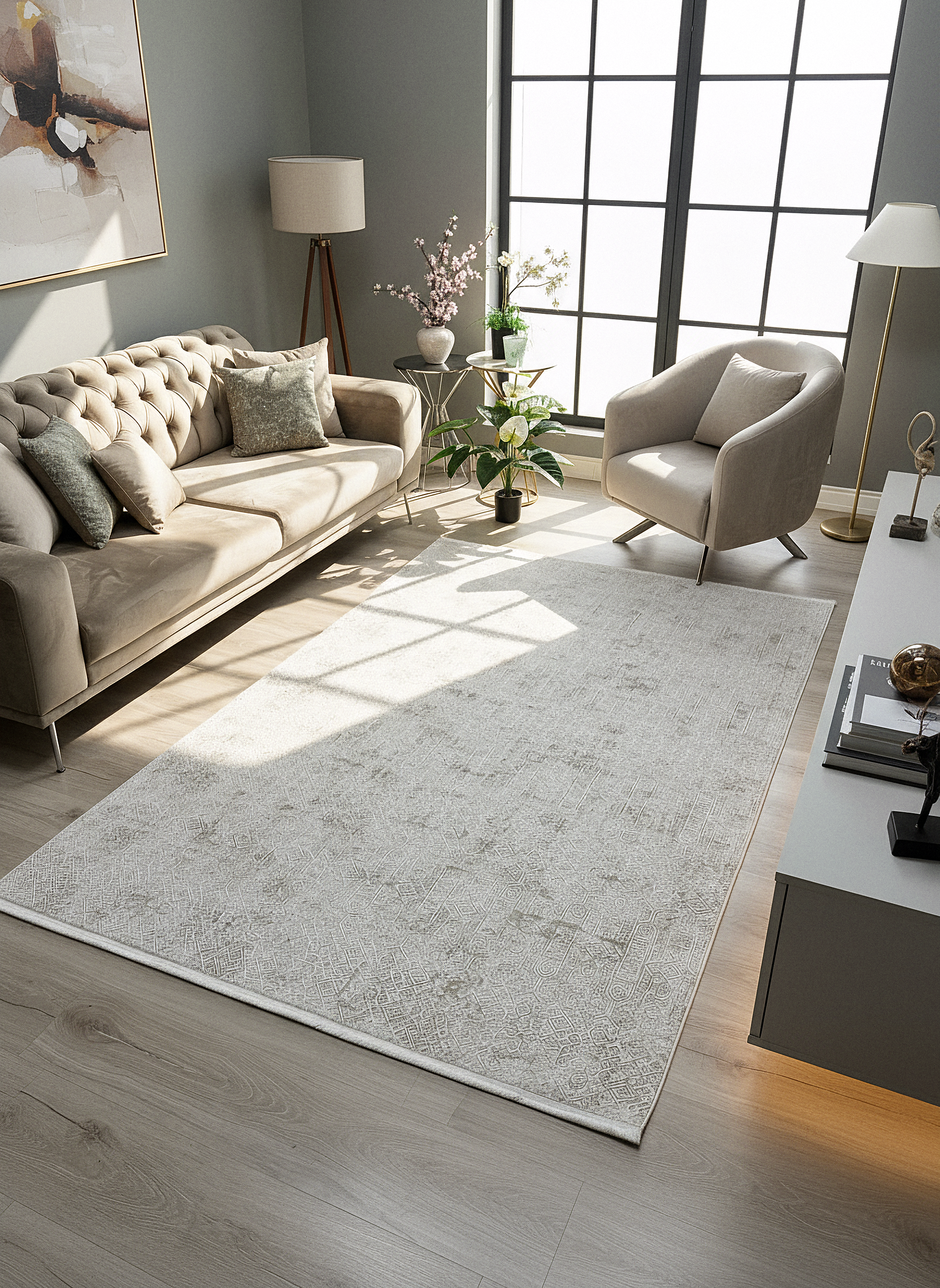 LOTUS 8020-T-KREM Sentetik Bambu Parlak Saten Salon Koridor Mutfak Halısı