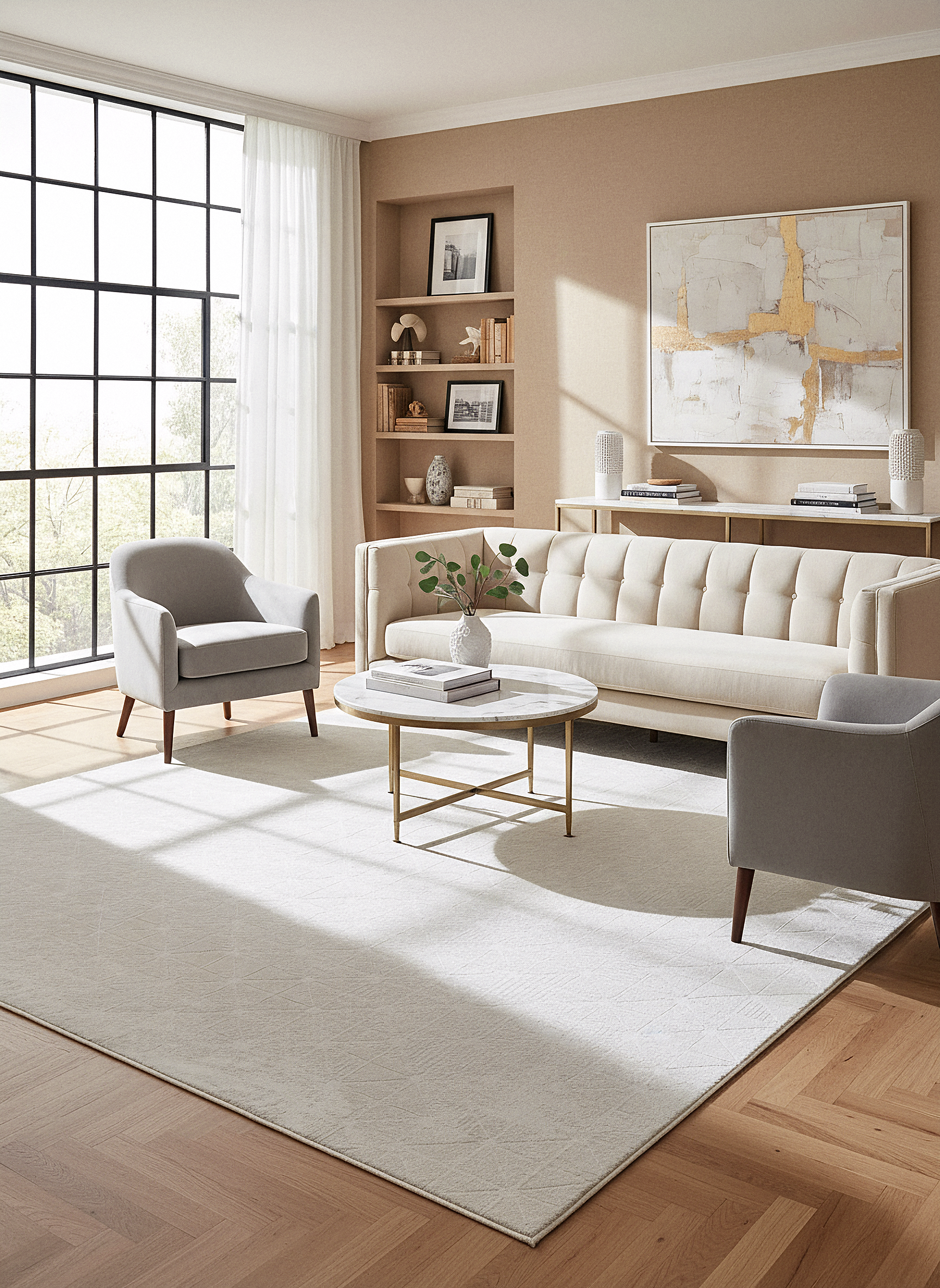 LOTUS 8031-T-KREM Sentetik Bambu Parlak Saten Salon Koridor Mutfak Halısı