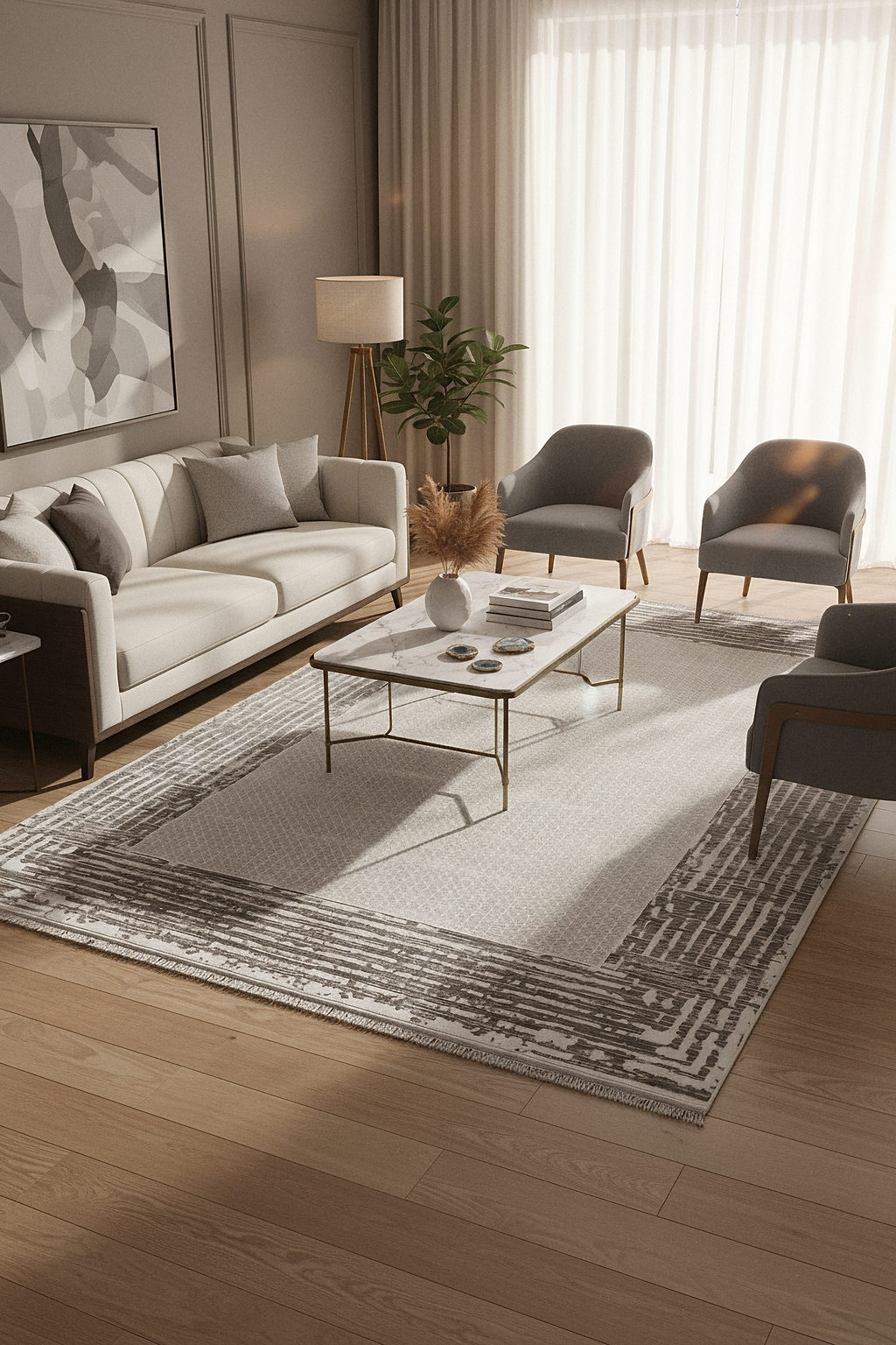 LOTUS 99T-BEYAZ/GRİ Sentetik Bambu Parlak Saten Salon Koridor Mutfak Halısı