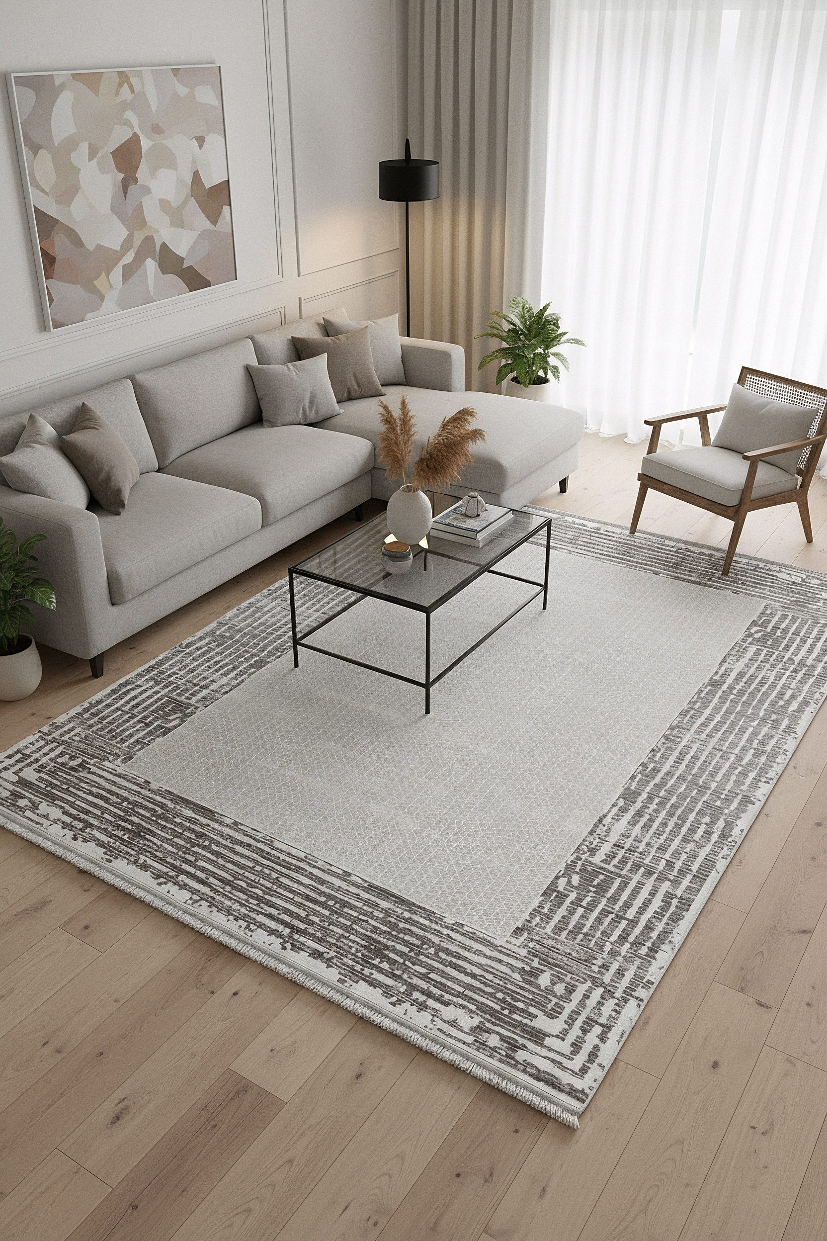 LOTUS 99T-BEYAZ/GRİ Sentetik Bambu Parlak Saten Salon Koridor Mutfak Halısı