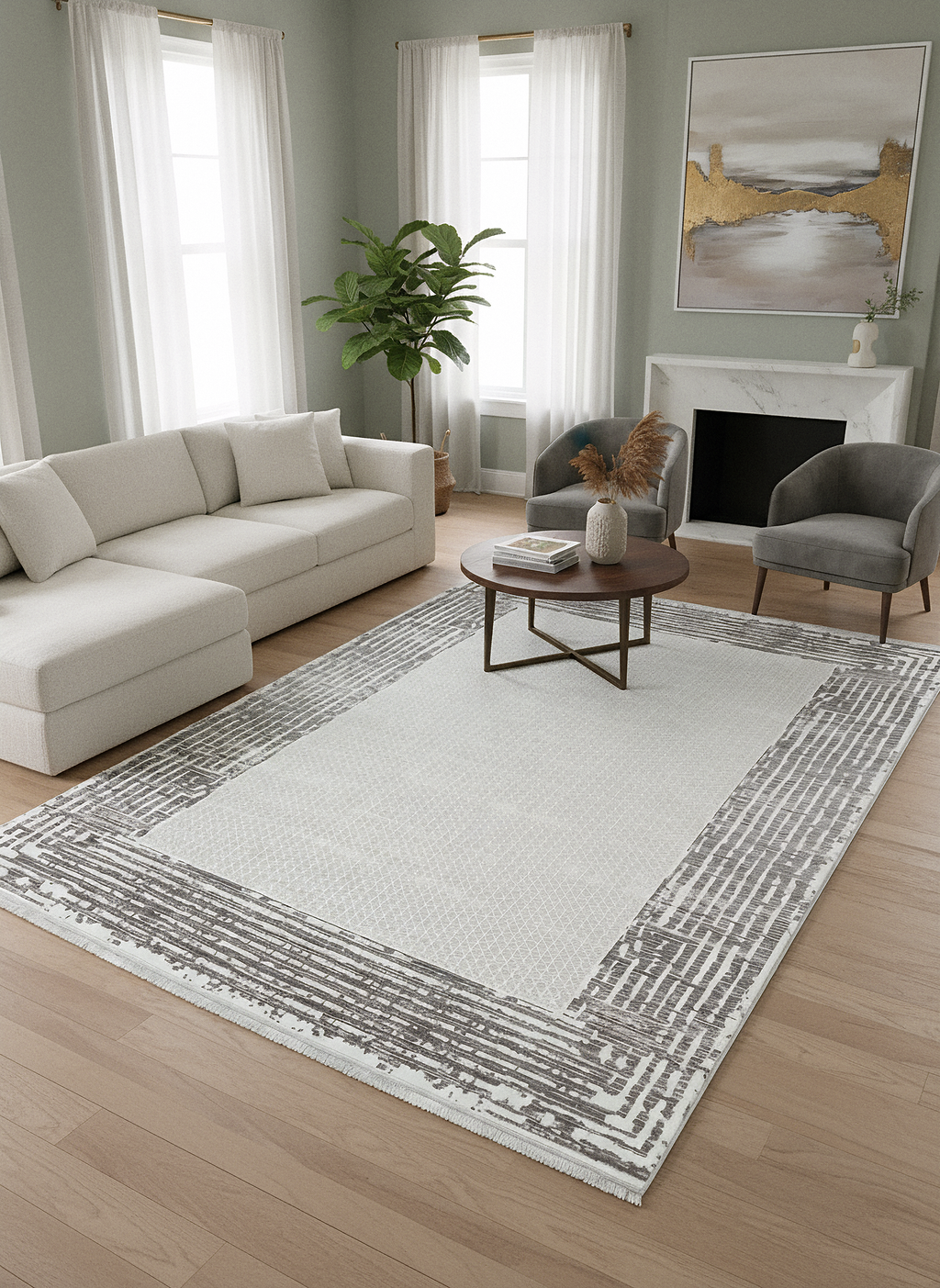 LOTUS 99T-BEYAZ/GRİ Sentetik Bambu Parlak Saten Salon Koridor Mutfak Halısı