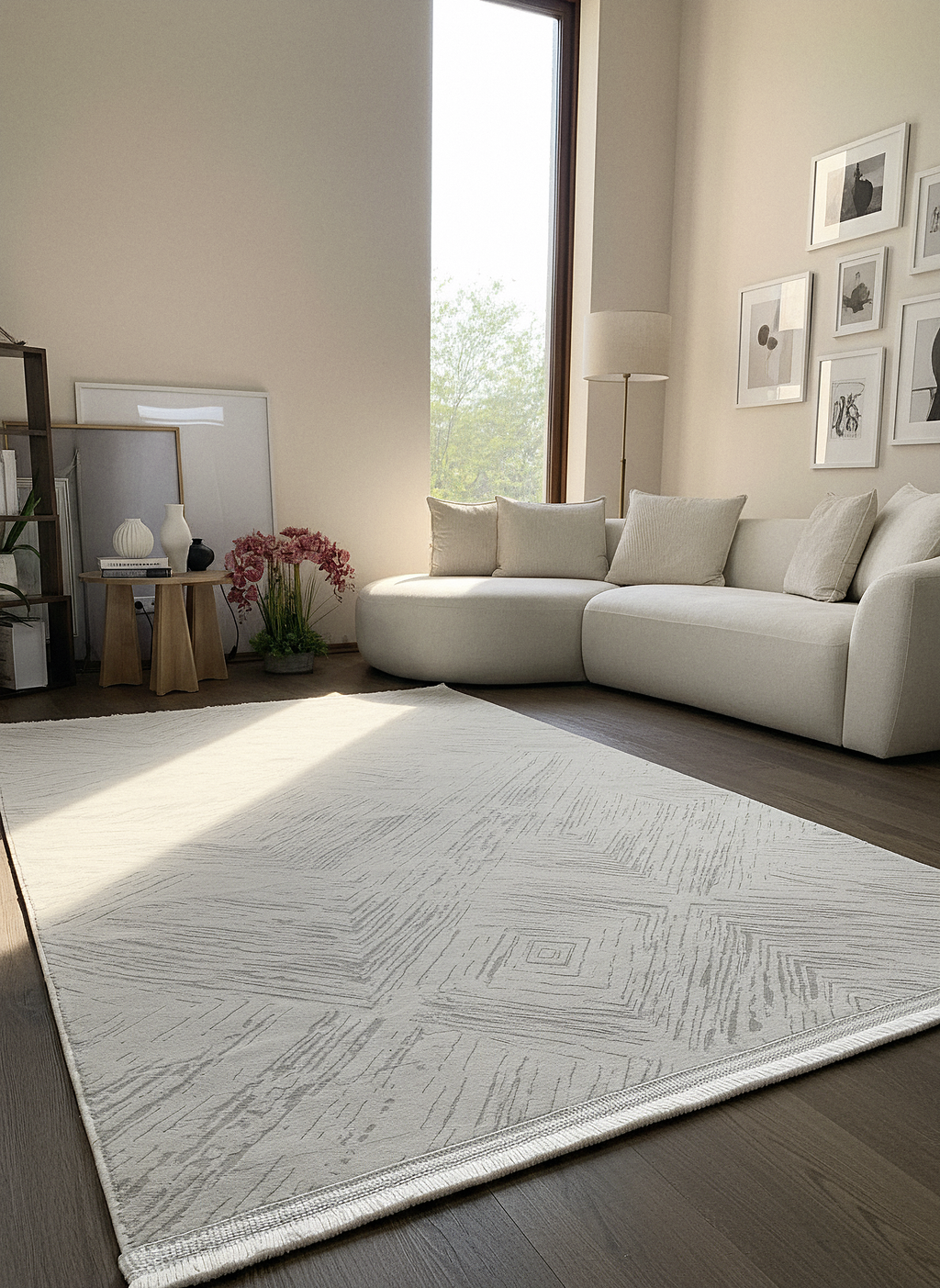 LOTUS C20-KREM Sentetik Bambu Parlak Saten Salon Koridor Mutfak Halısı-413