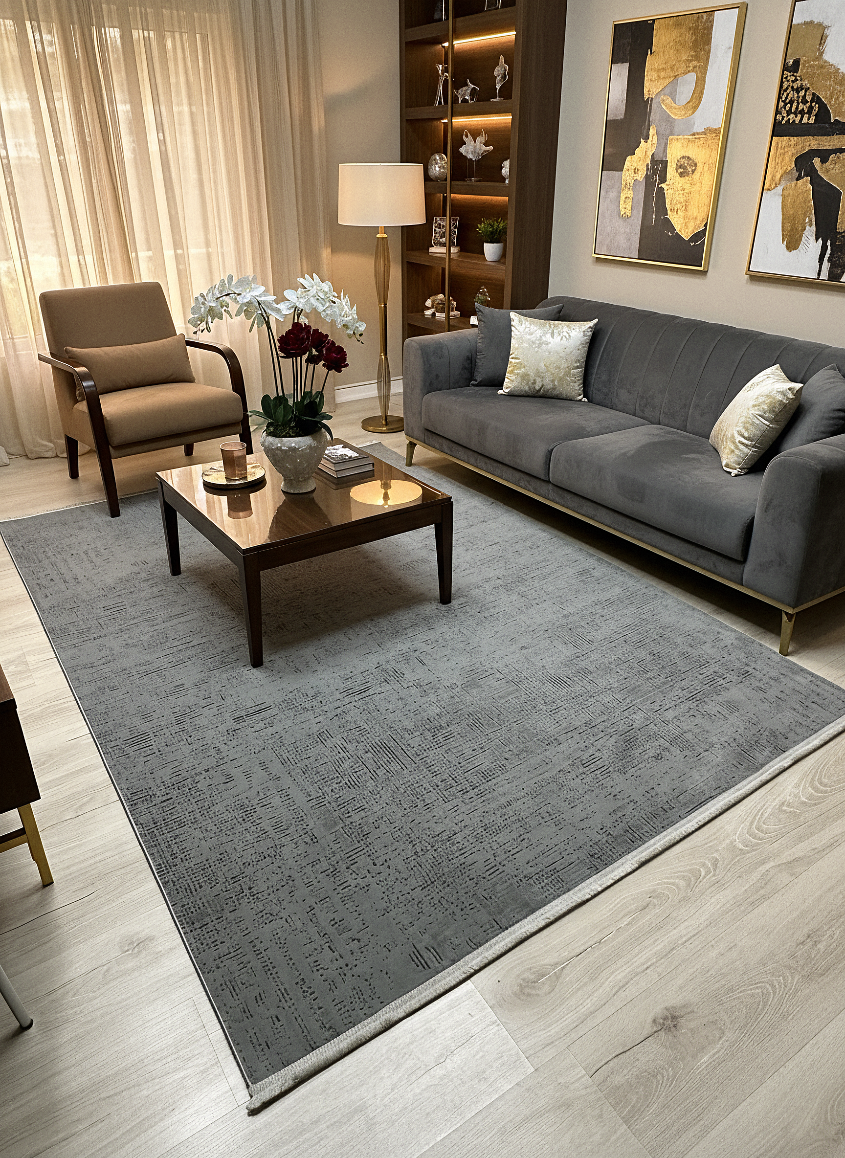 LOTUS C22-GRİ Sentetik Bambu Parlak Saten Salon Koridor Mutfak Halısı-910