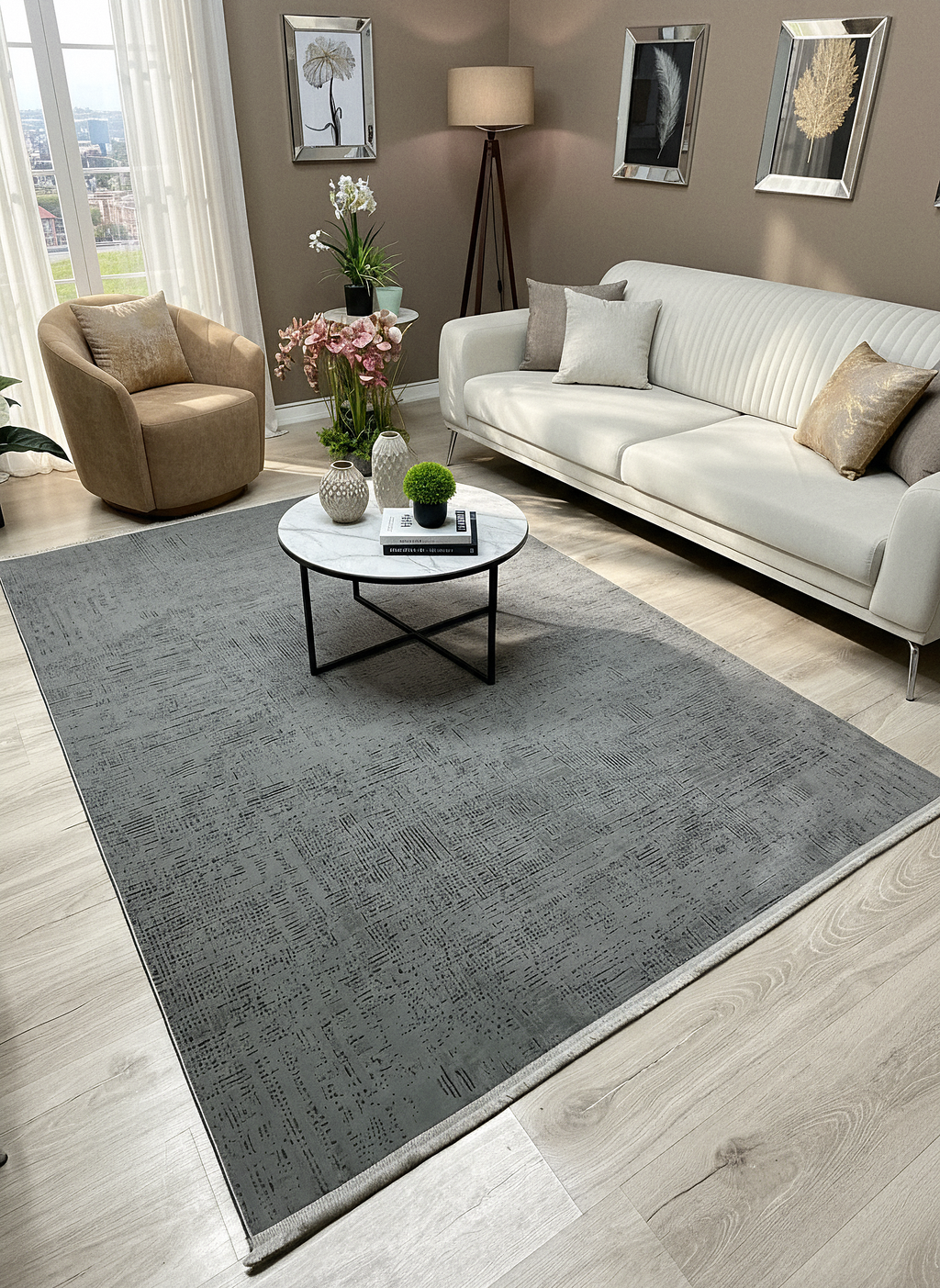 LOTUS C22-GRİ Sentetik Bambu Parlak Saten Salon Koridor Mutfak Halısı-910