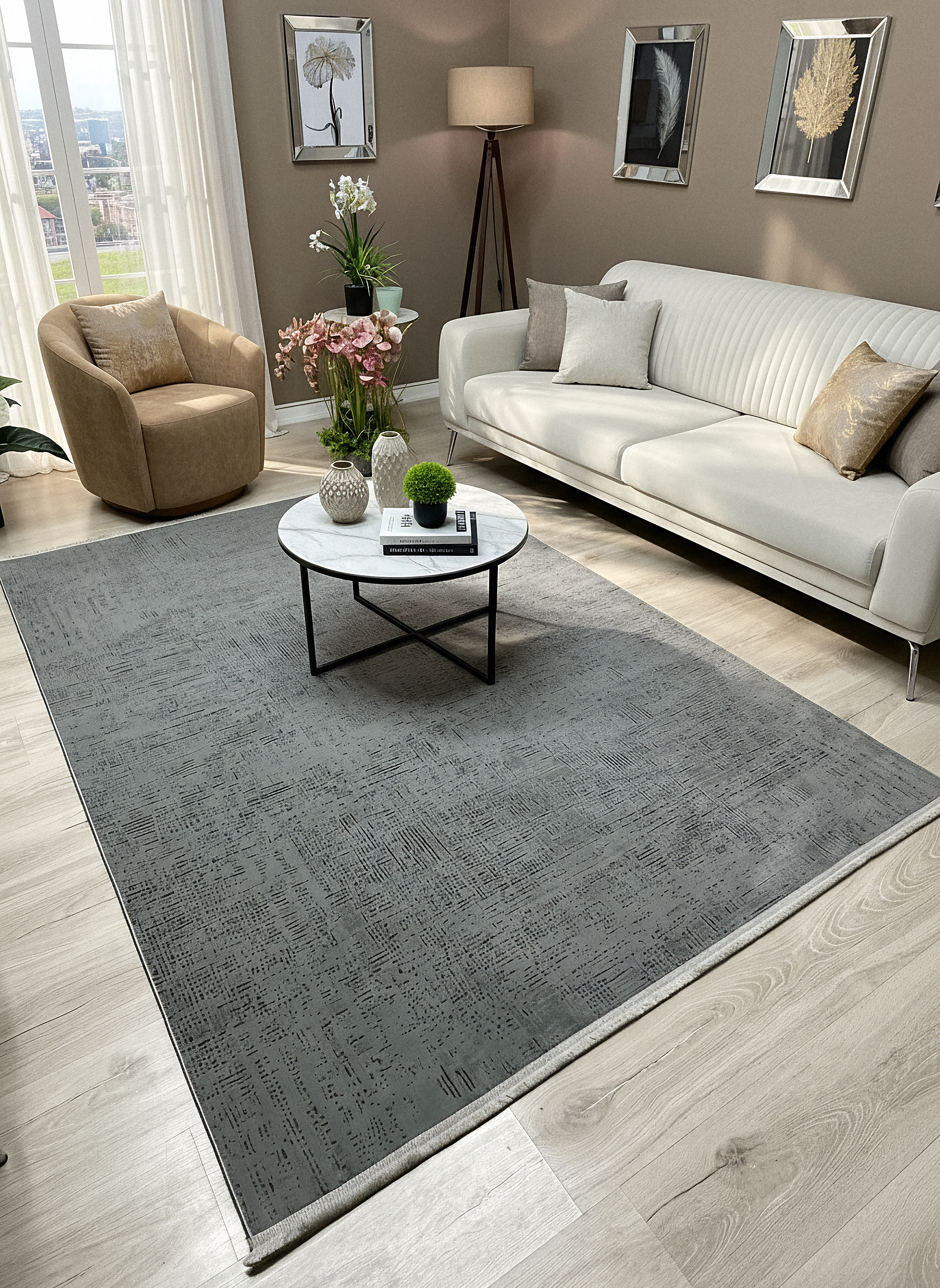 LOTUS C22-GRİ Sentetik Bambu Parlak Saten Salon Koridor Mutfak Halısı-910