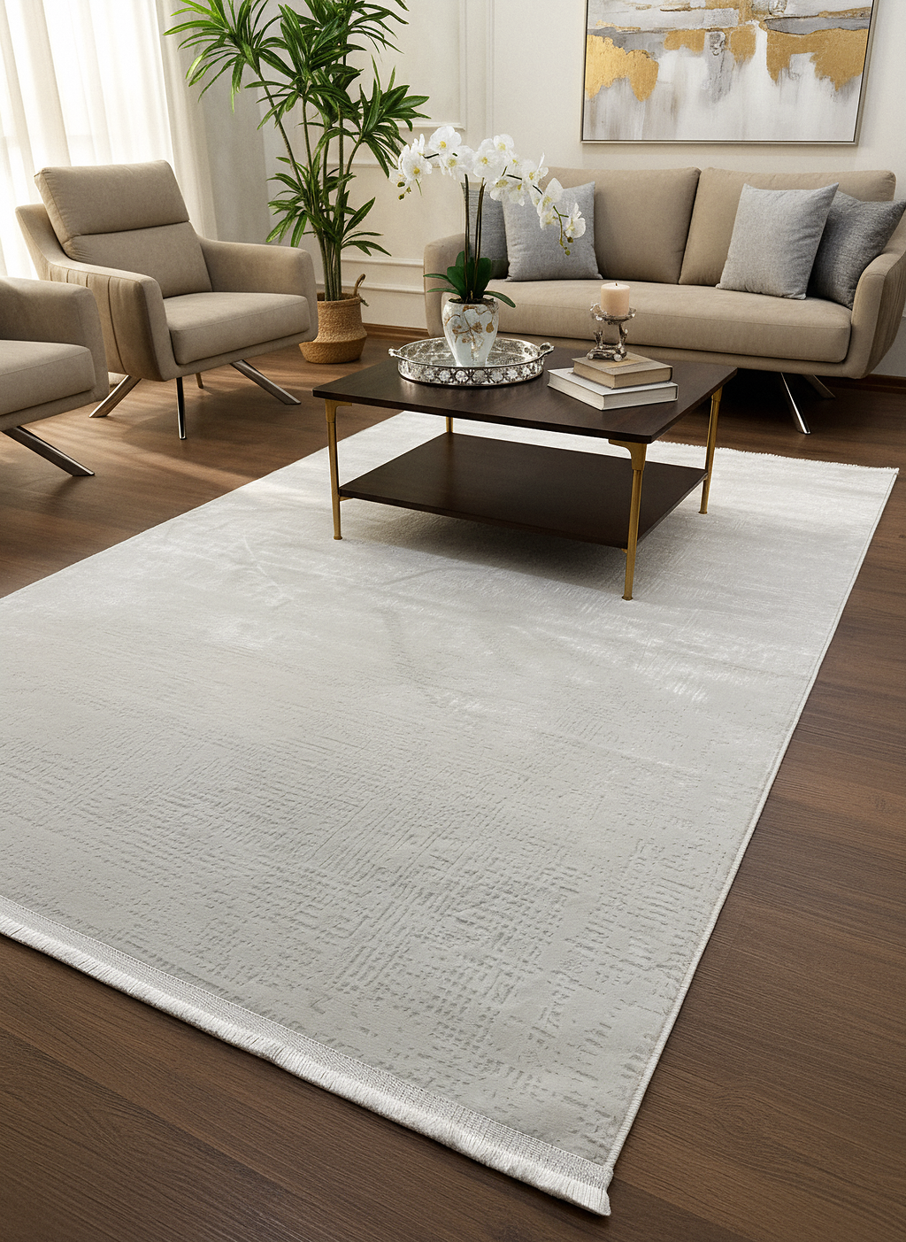 LOTUS C25-KREM Sentetik Bambu Parlak Saten Salon Koridor Mutfak Halısı-910