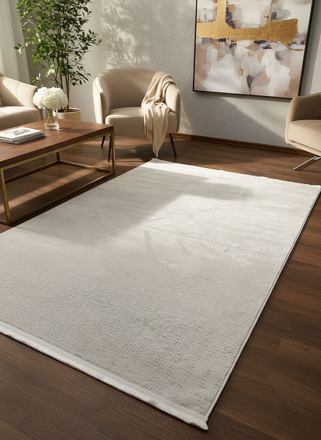 LOTUS C25-KREM Sentetik Bambu Parlak Saten Salon Koridor Mutfak Halısı-910