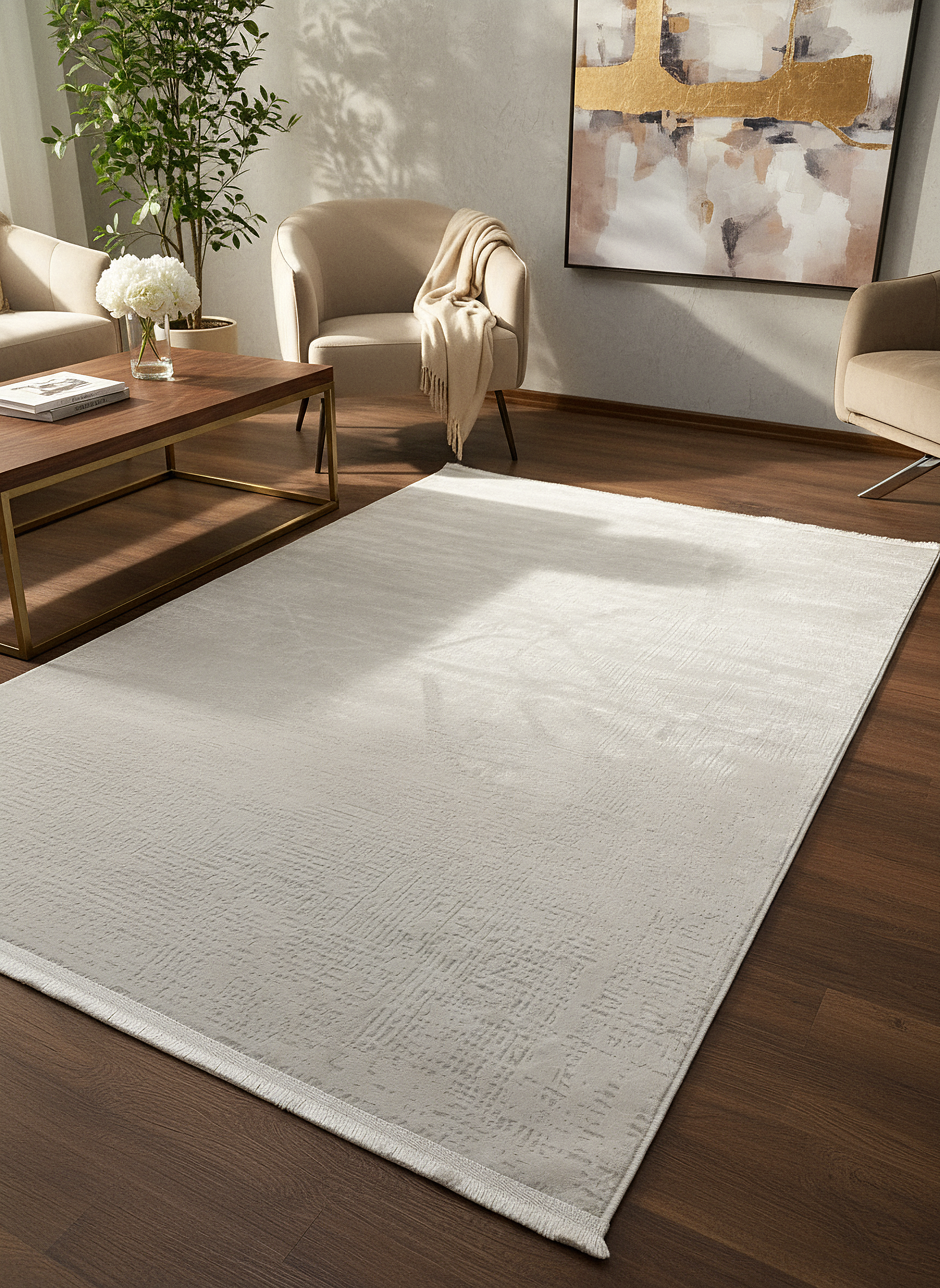 LOTUS C25-KREM Sentetik Bambu Parlak Saten Salon Koridor Mutfak Halısı-910