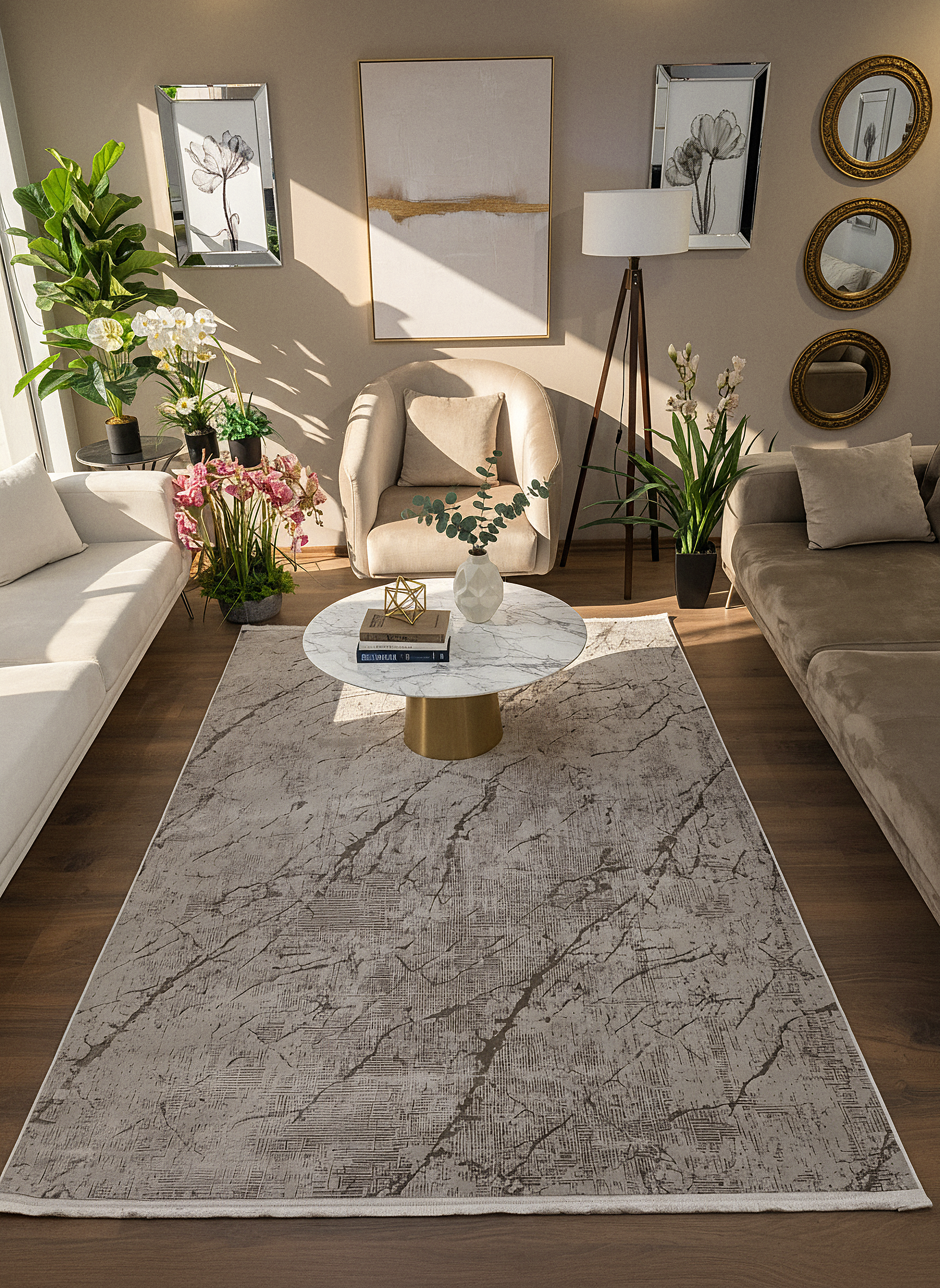 LOTUS C26-BEJ Sentetik Bambu Parlak Saten Salon Koridor Mutfak Halısı-004