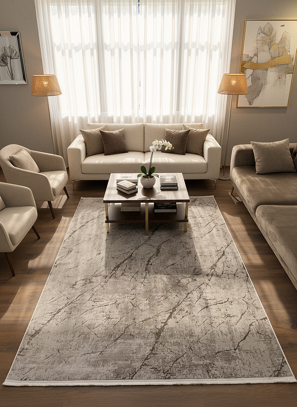 LOTUS C26-BEJ Sentetik Bambu Parlak Saten Salon Koridor Mutfak Halısı-004