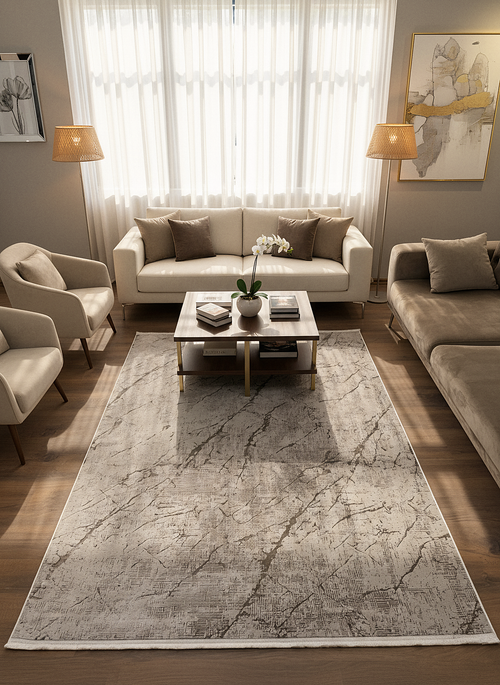 LOTUS C26-BEJ Sentetik Bambu Parlak Saten Salon Koridor Mutfak Halısı-004