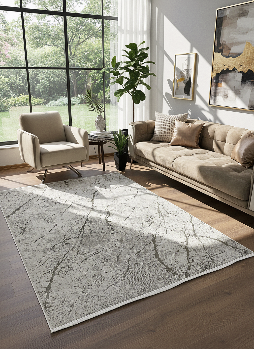 LOTUS C26-BEJ Sentetik Bambu Parlak Saten Salon Koridor Mutfak Halısı-004