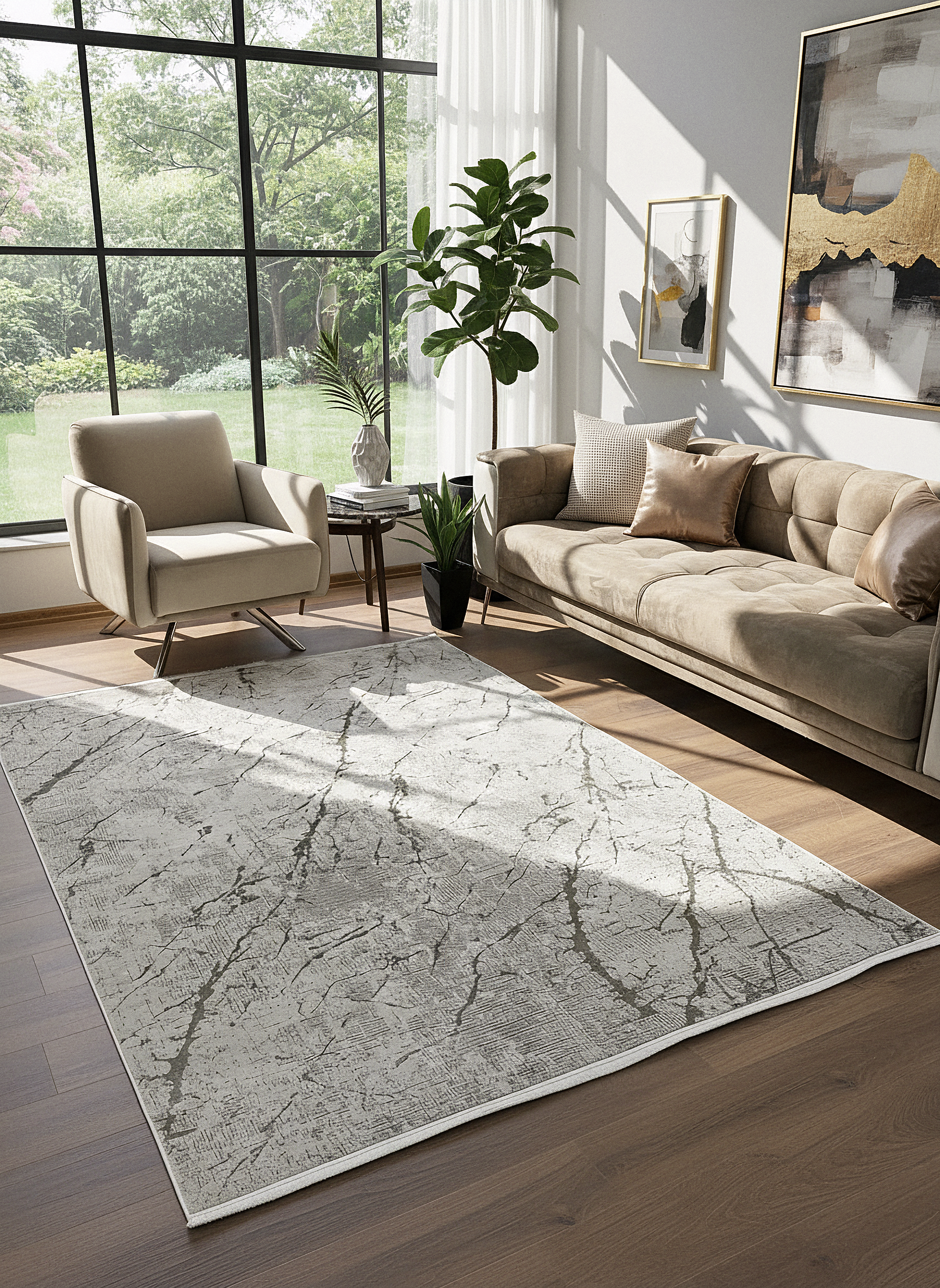 LOTUS C26-BEJ Sentetik Bambu Parlak Saten Salon Koridor Mutfak Halısı-004