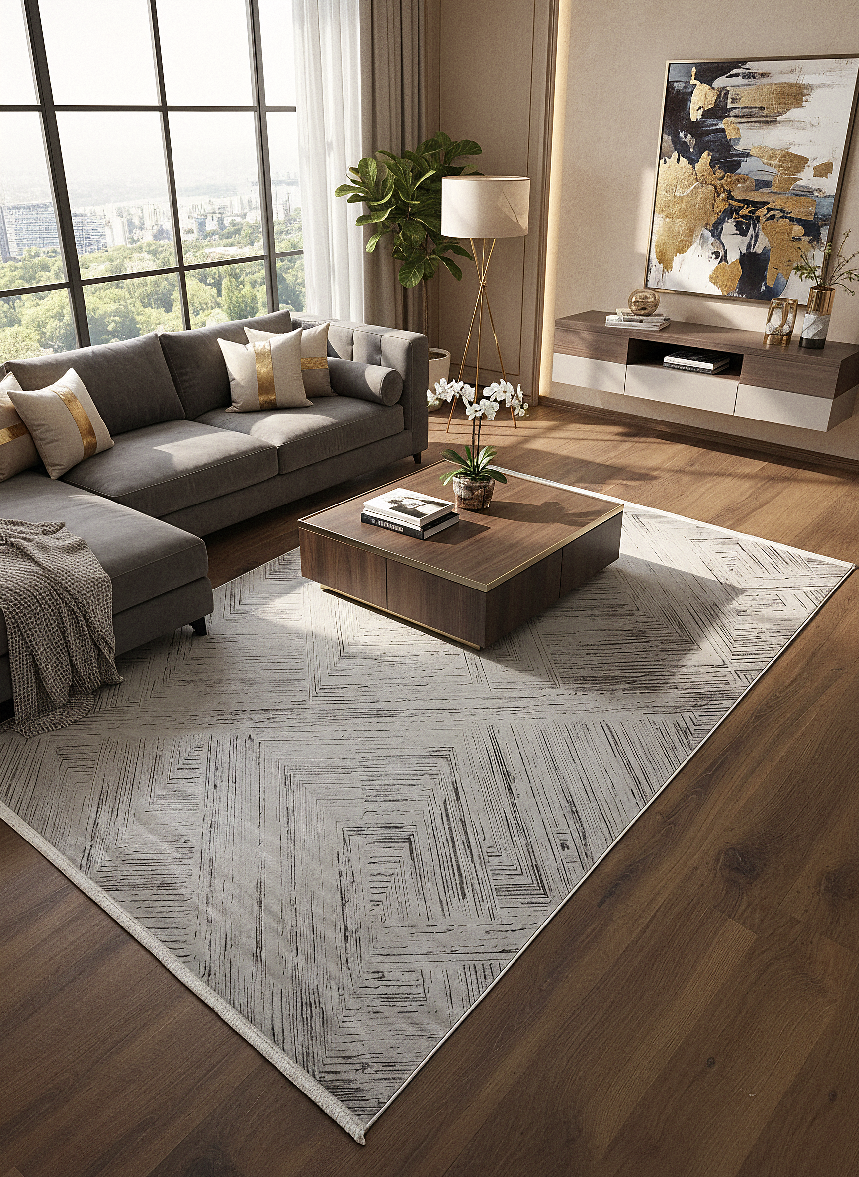 LOTUS C29-BEJ Sentetik Bambu Parlak Saten Salon Koridor Mutfak Halısı-413