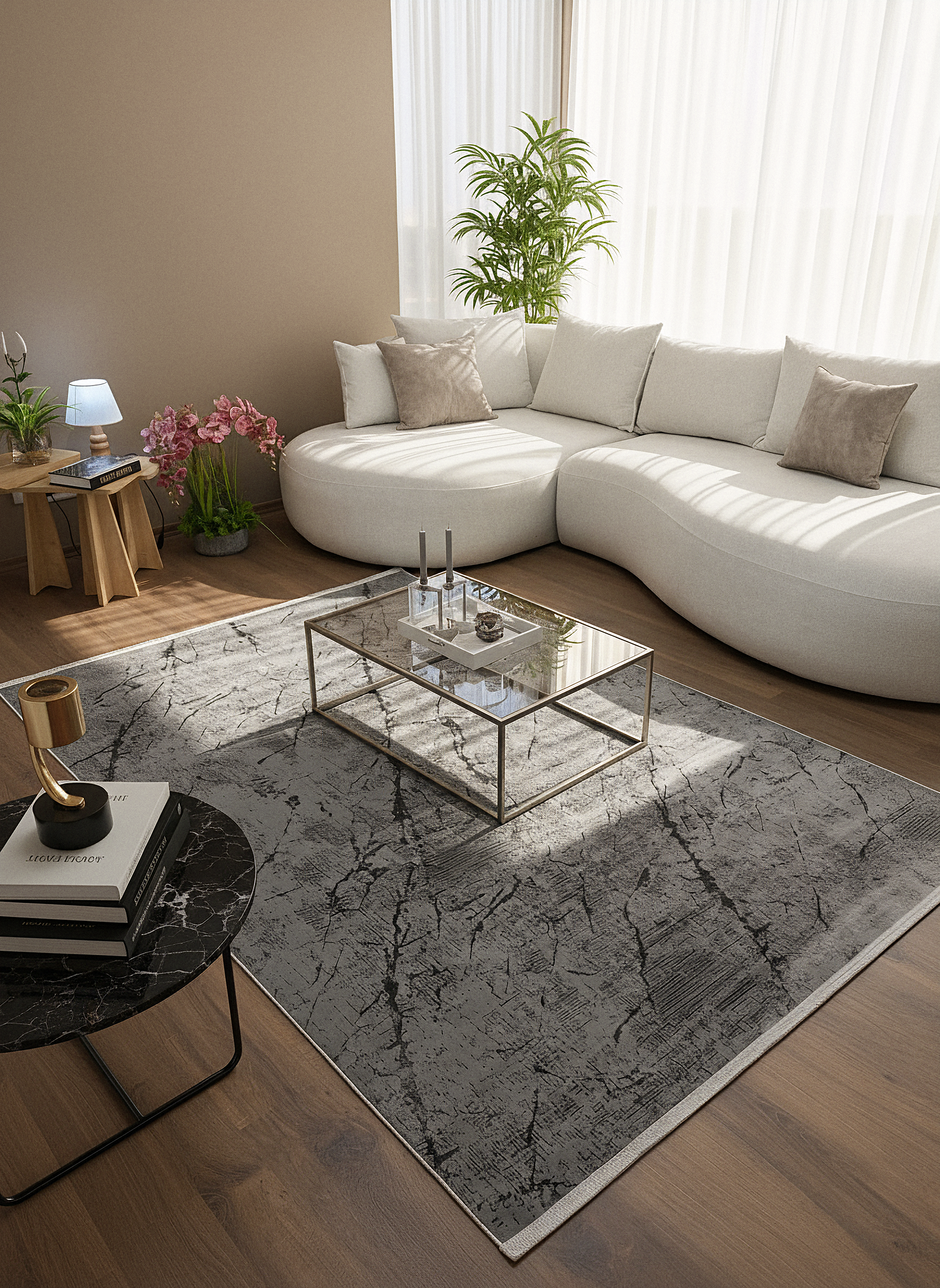 LOTUS C30-GRİ Sentetik Bambu Parlak Saten Salon Koridor Mutfak Halısı-004