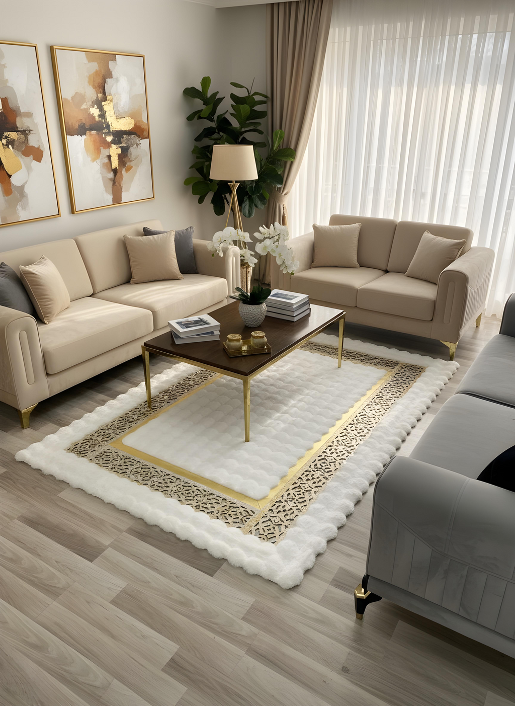 Royal Serisi Masal - El İşçiliği ile Tavşan Post ve Varaklı Deri Dekoratif Halı