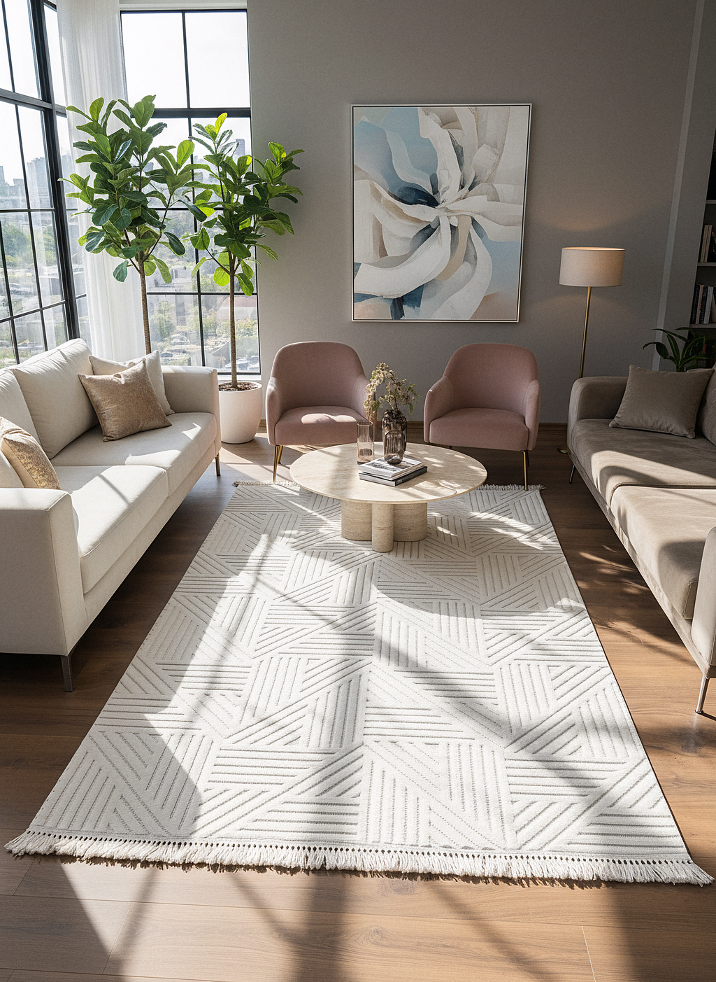 MİLAS C12-KREM Kabartmalı Modern Geometrik Desenli Salon Koridor Mutfak Halısı