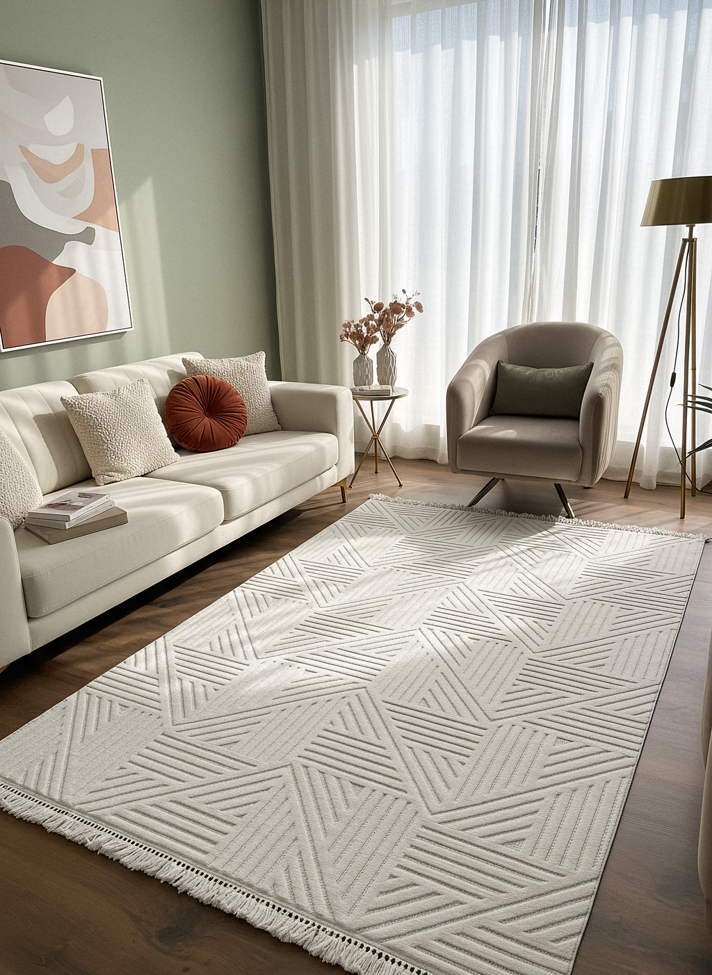 MİLAS C12-KREM Kabartmalı Modern Geometrik Desenli Salon Koridor Mutfak Halısı