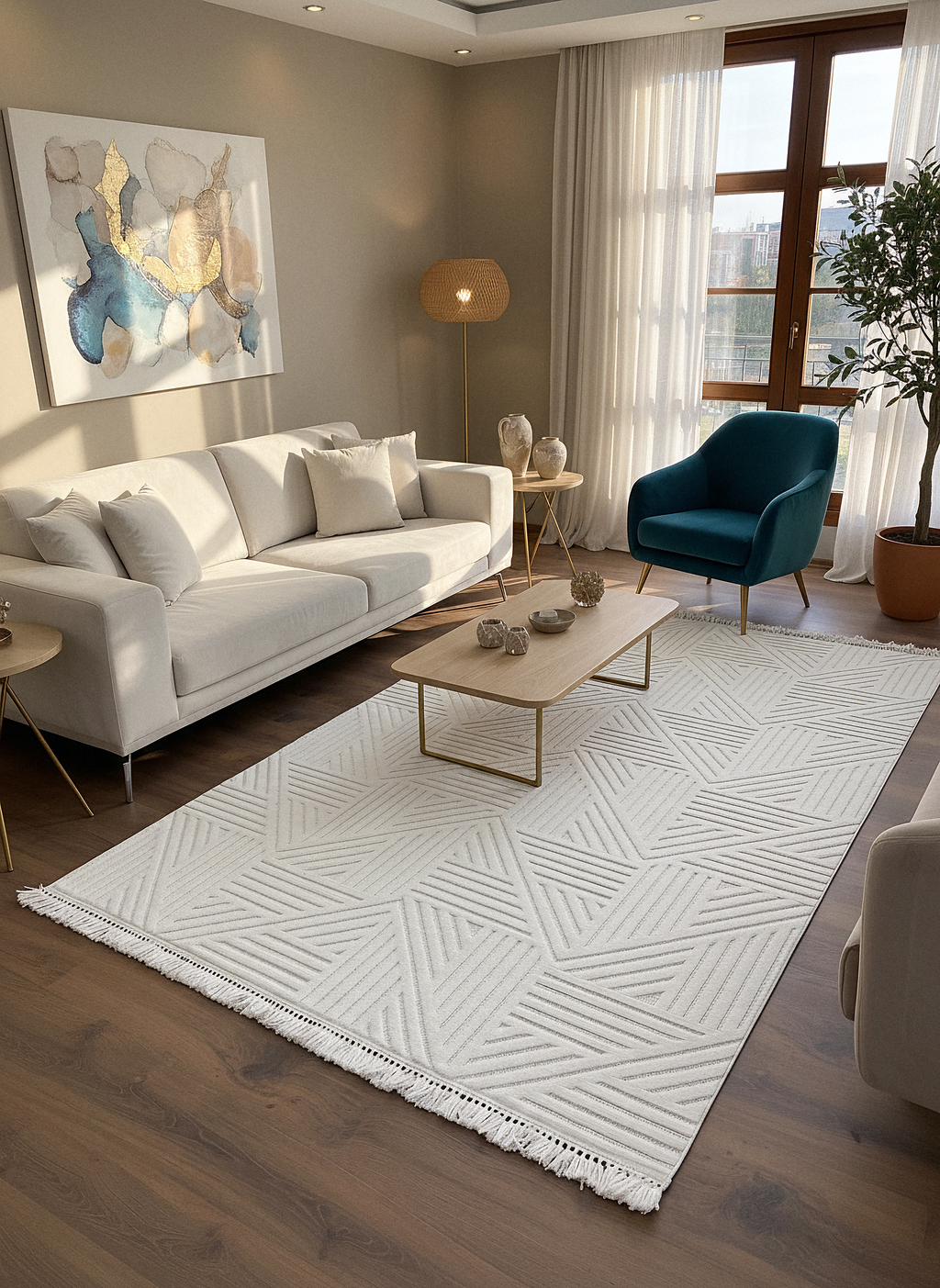 MİLAS C12-KREM Kabartmalı Modern Geometrik Desenli Salon Koridor Mutfak Halısı