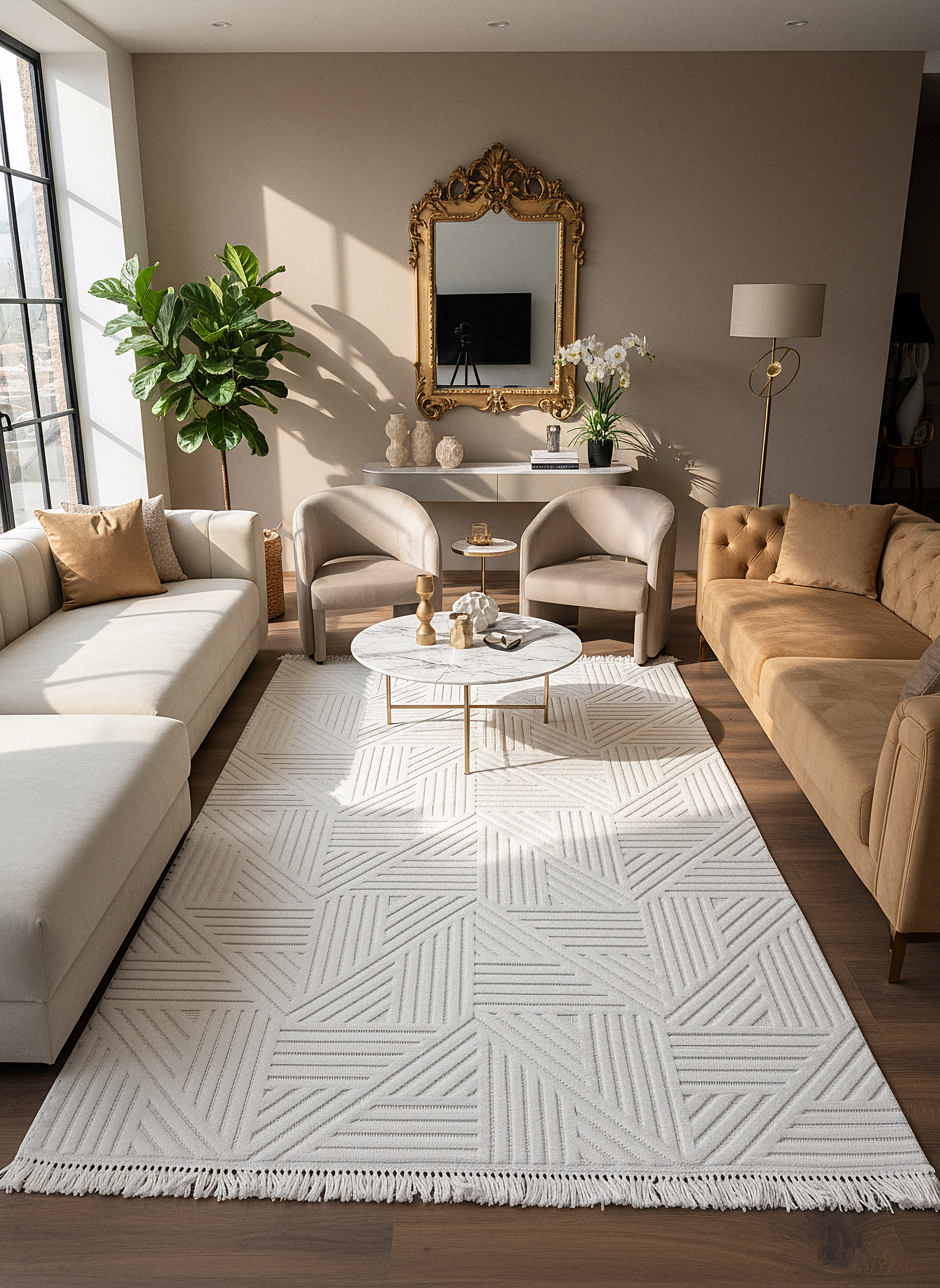 MİLAS C12-KREM Kabartmalı Modern Geometrik Desenli Salon Koridor Mutfak Halısı