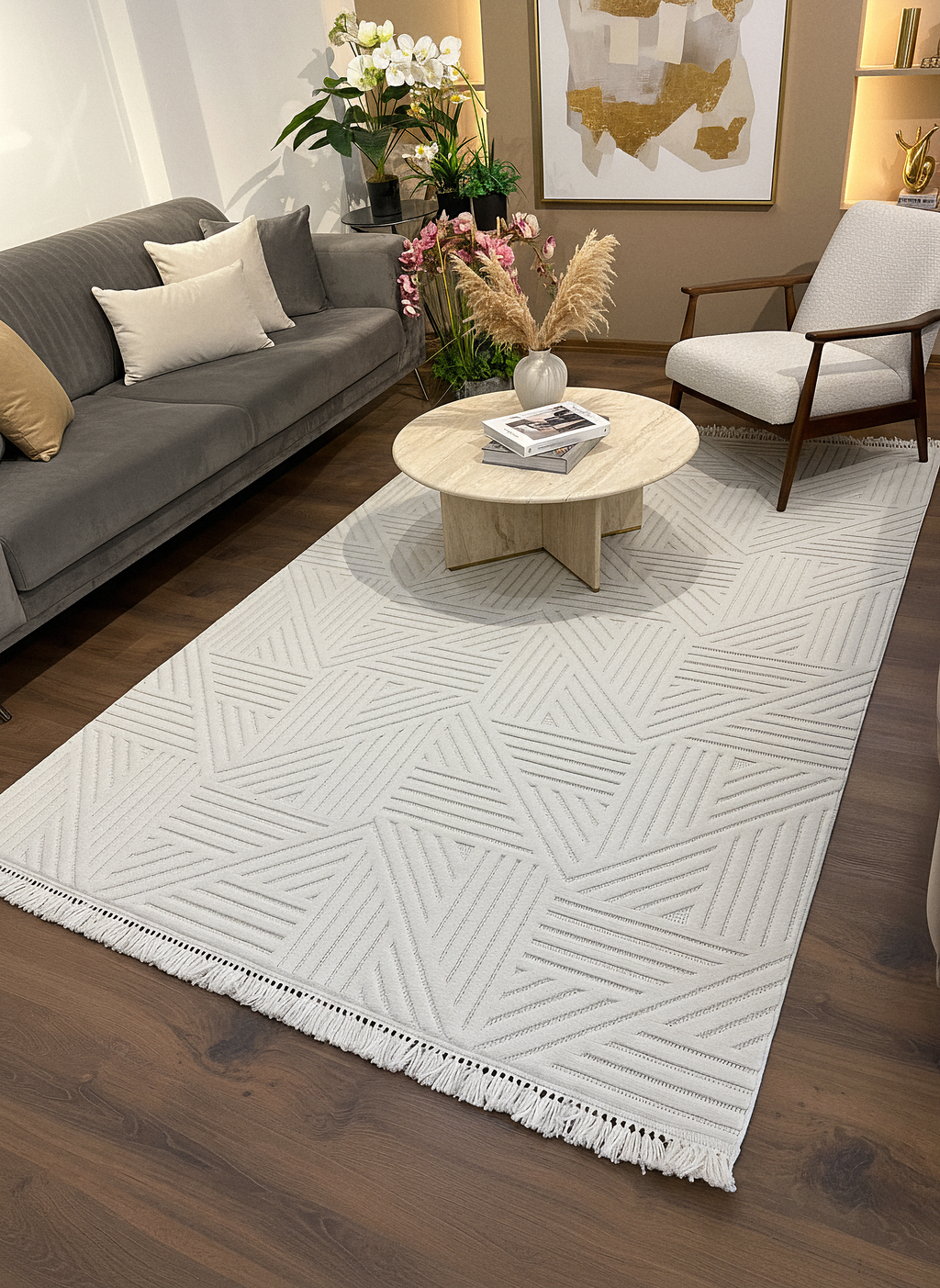 MİLAS C12-KREM Kabartmalı Modern Geometrik Desenli Salon Koridor Mutfak Halısı