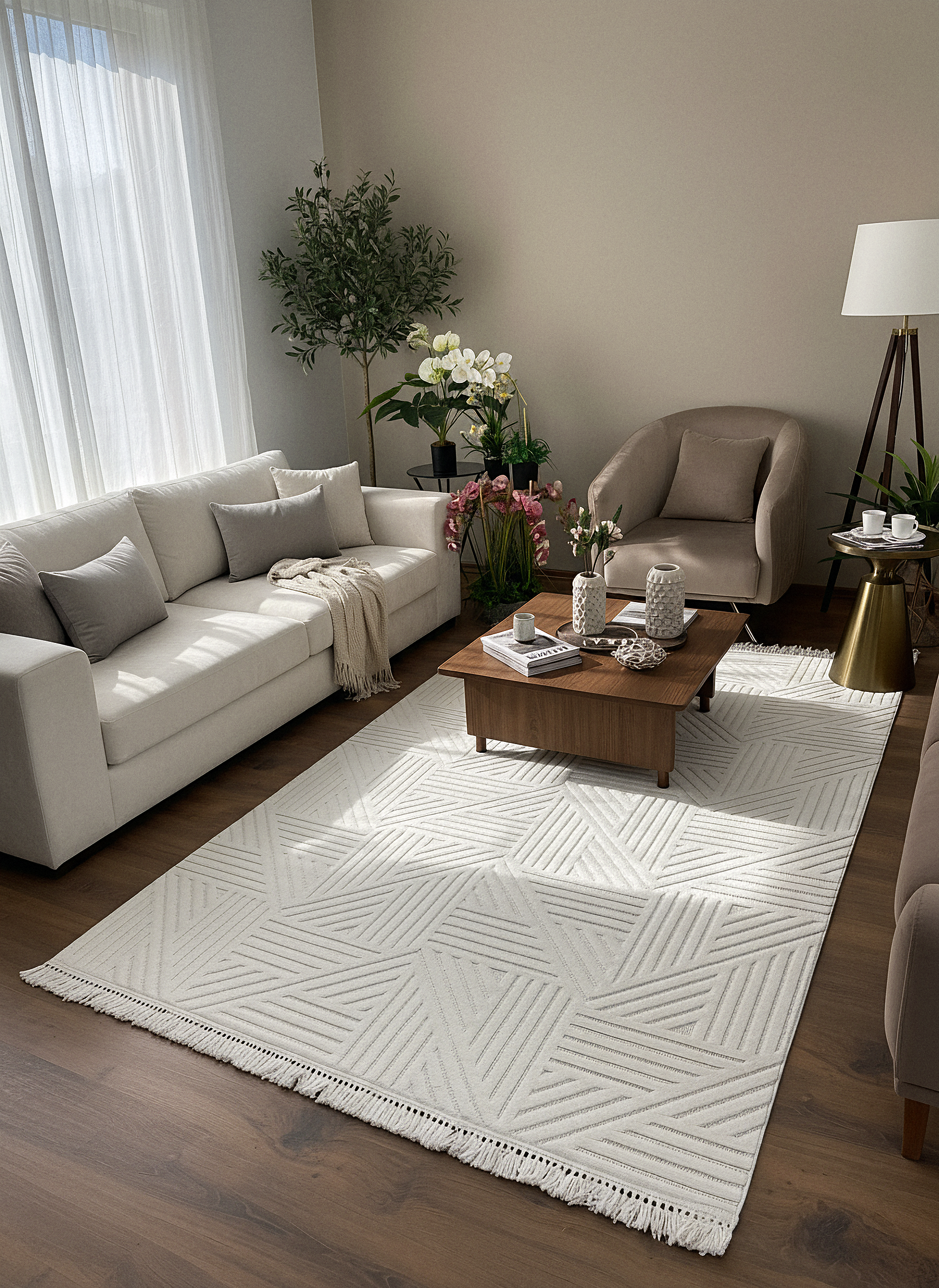 MİLAS C12-KREM Kabartmalı Modern Geometrik Desenli Salon Koridor Mutfak Halısı