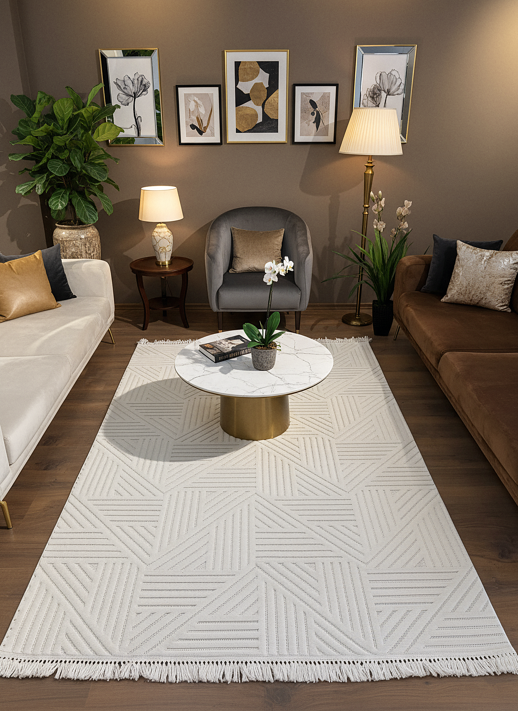 MİLAS C12-KREM Kabartmalı Modern Geometrik Desenli Salon Koridor Mutfak Halısı