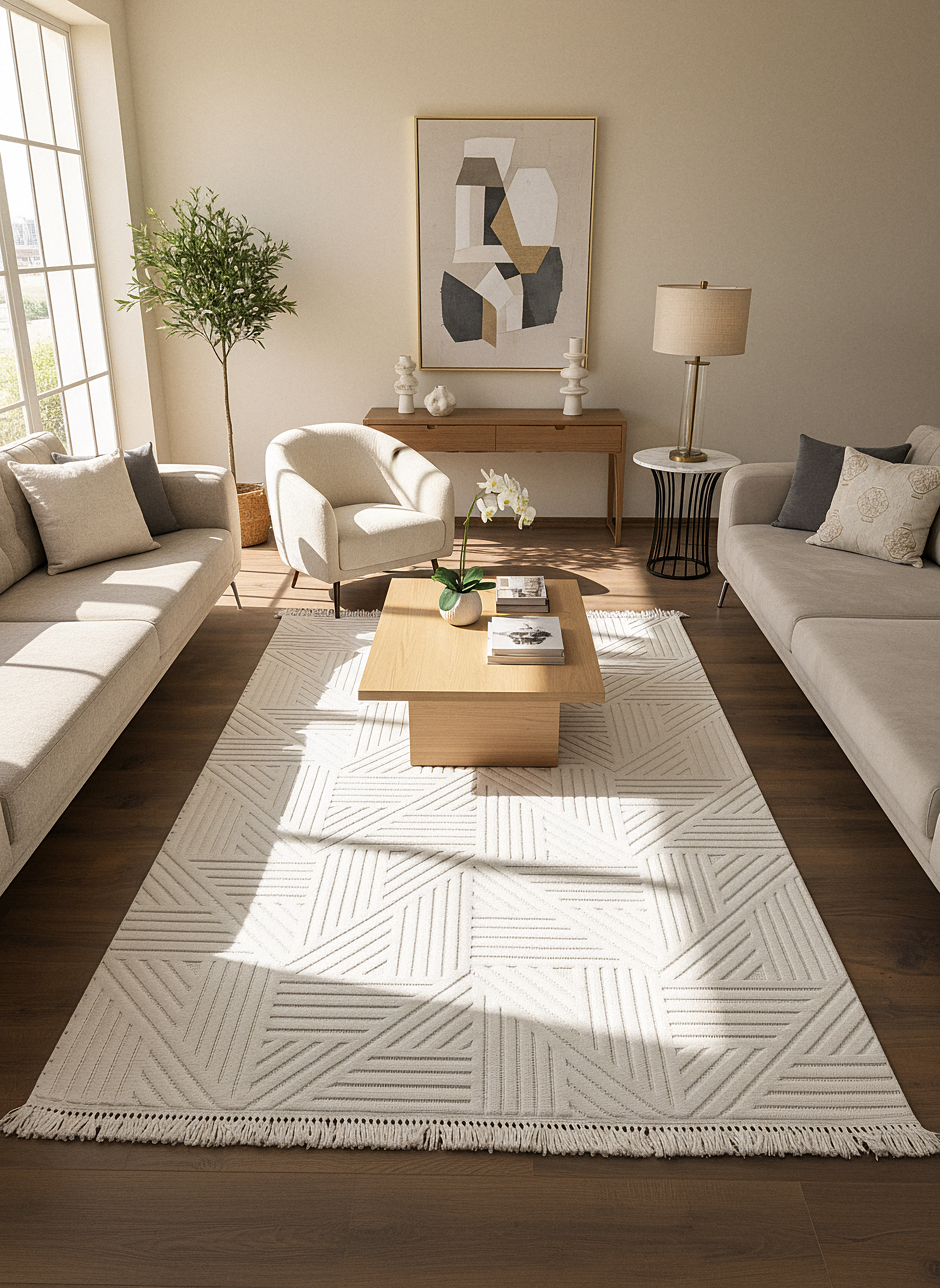 MİLAS C12-KREM Kabartmalı Modern Geometrik Desenli Salon Koridor Mutfak Halısı