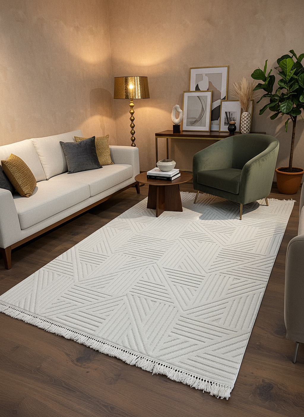 MİLAS C12-KREM Kabartmalı Modern Geometrik Desenli Salon Koridor Mutfak Halısı